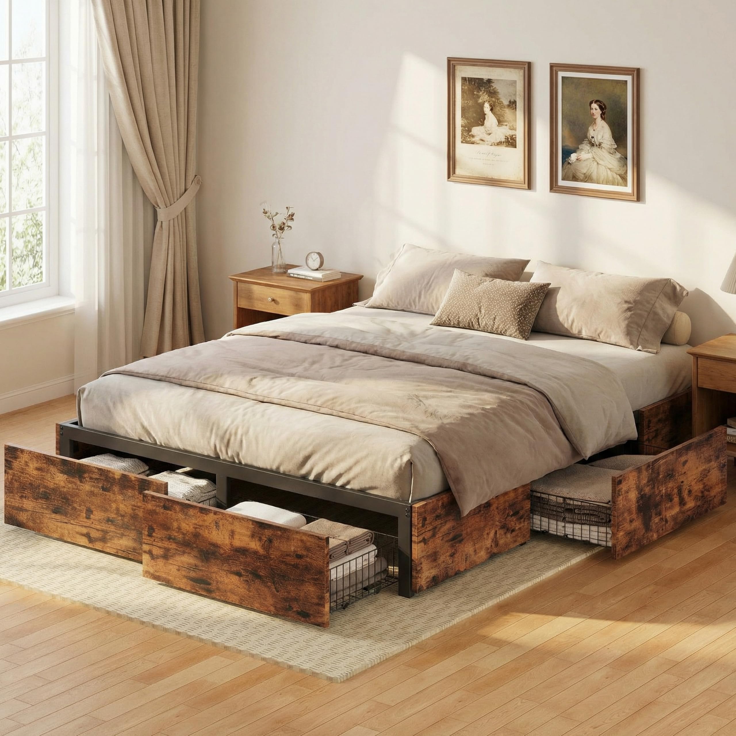 LIKIMIO Queen Bed Frame with Storage, 4 Drawers and Heavy Strong Metal Support Frames, Solid Stable, Noise-Free, No Box Spring Needed, Easy Assembly, Vintage Brown