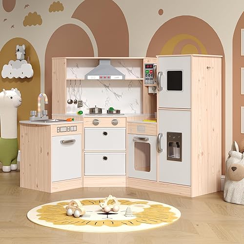 Juego de juguetes de cocina, juego de cocina de madera para niños con luces y sonidos reales, fregadero, estufa, horno, máquina de hielo y