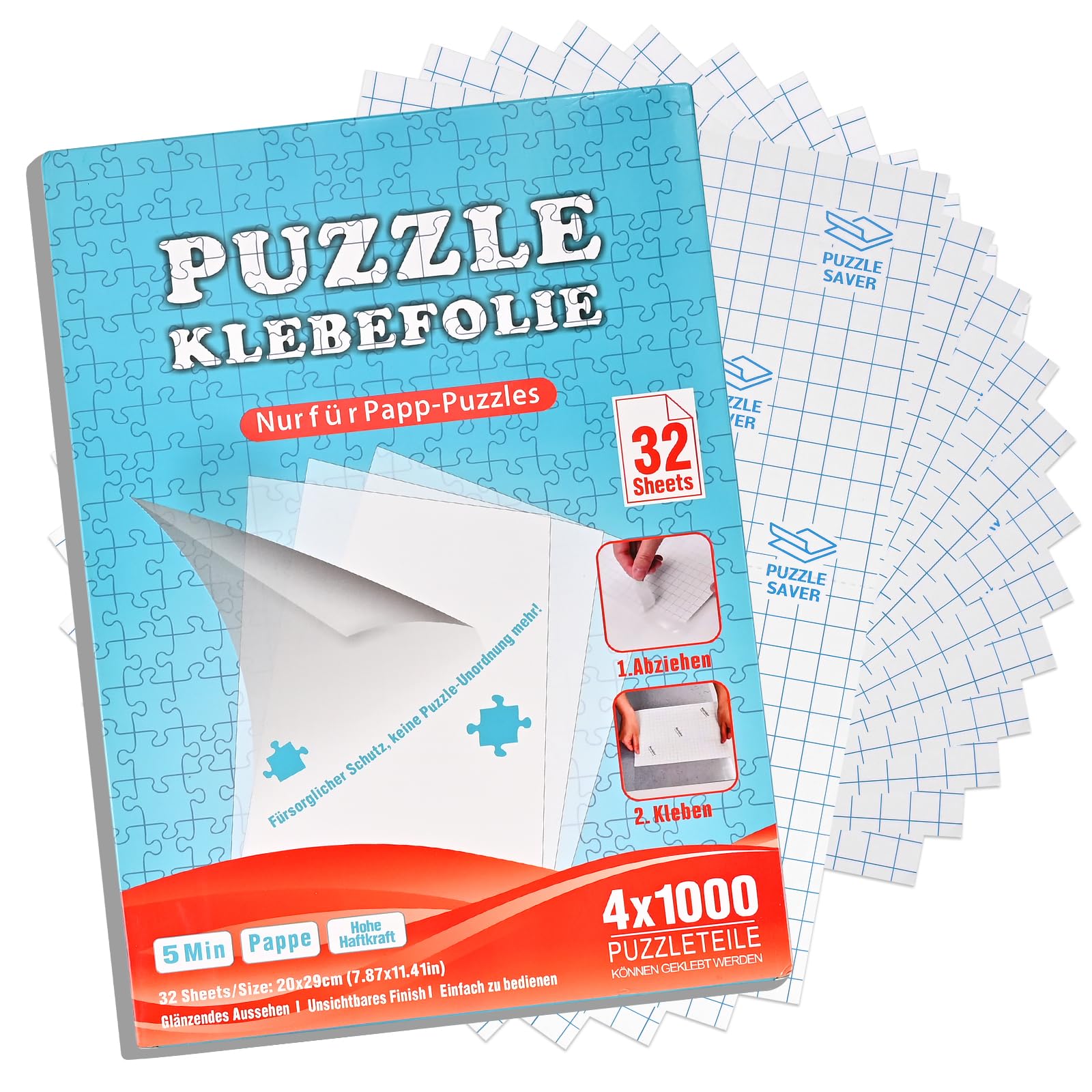Faburo Puzzle folia samoprzylepna, 32 sztuki, super klej do puzzli, 4 x 1000 elementów / 8 x 500 części, 20 x 29 cm, folia samoprzylepna przezroczysta dla dzieci i dorosłych, do puzzli, przezroczysta