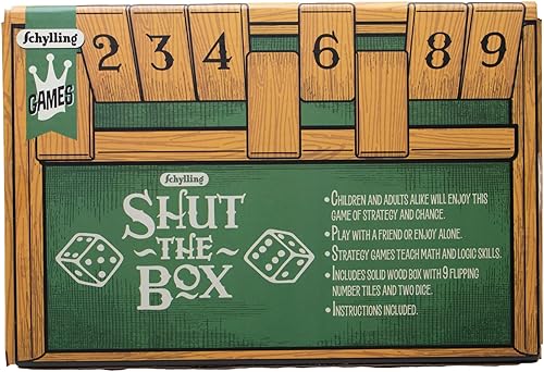 Miniatura 5 de Schylling Shut the Box - Juego familiar de estrategia y azar - Incluye caja de juego de madera coleccionable, fondo de fieltro, dados redondeados e