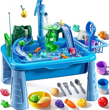 JUKUDAHU Water Table Play Sink Toy for Kids 3 4 5 6 Years Old - Outdoor Kitchen with Running Water, Fishing Games, Water Play Table for Kids Ages 3-8, Beach Outdoor Toys, Summer Gifts