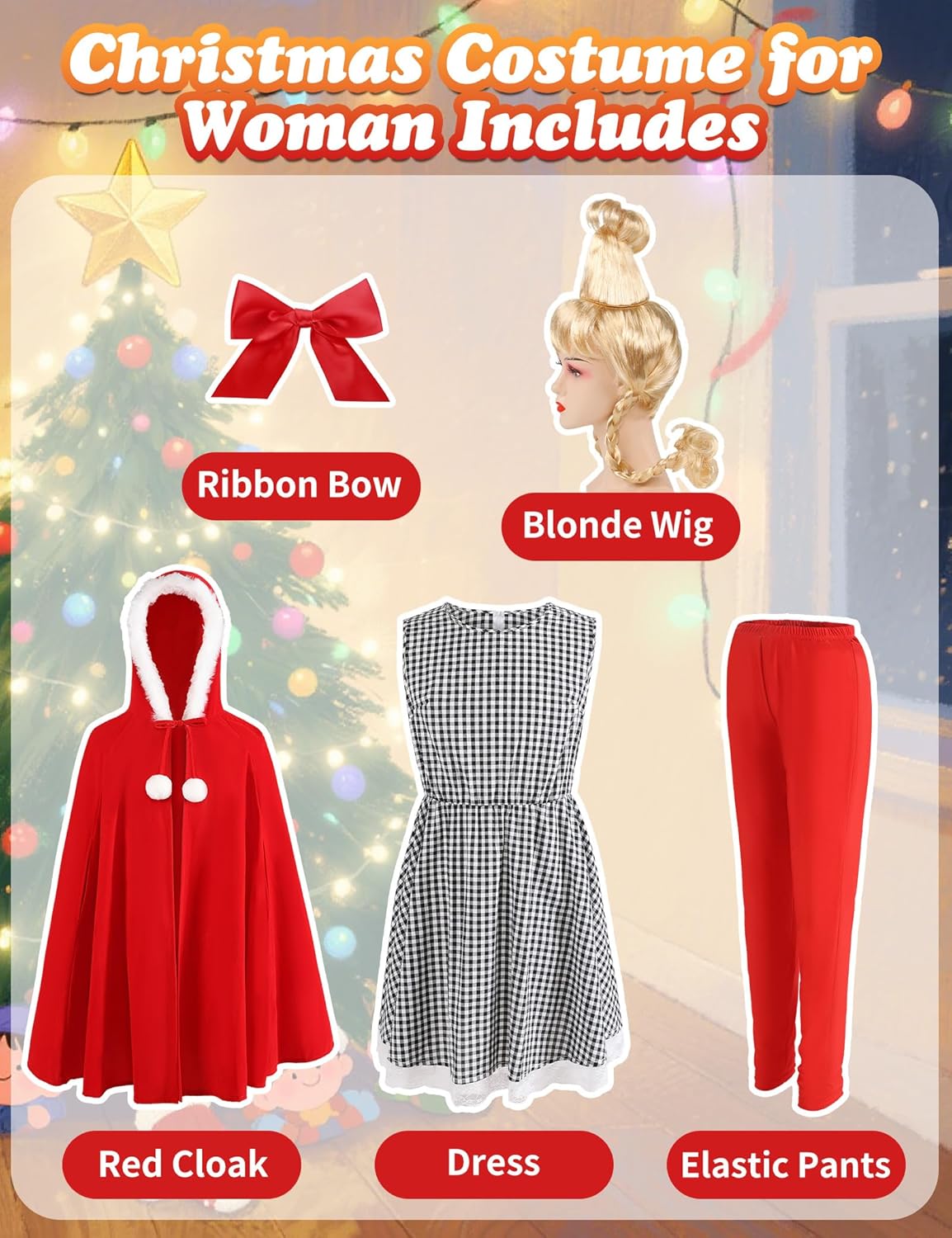 Costume for Adult Women Girls Christmas Dress with Blonde Wig Cosplay Party Suit Outfit Red Cape - Image 3