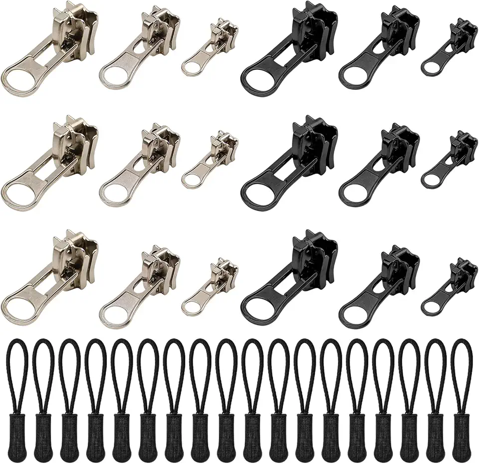 Kit universal de reparo de zíper de 36 peças – 3 tamanhos deslizantes de zíper dupla face com puxadores de zíper, zíperes pretos e prateados, kit de substituição de reparo para mochila
