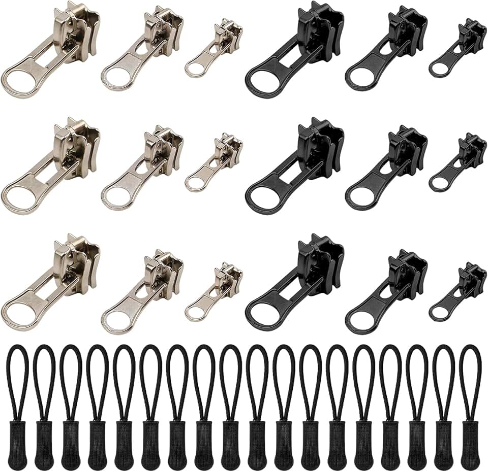 Kit universal de reparo de zíper de 36 peças – 3 tamanhos deslizantes de zíper dupla face com puxadores de zíper, zíperes pretos e prateados, kit de substituição de reparo para mochila