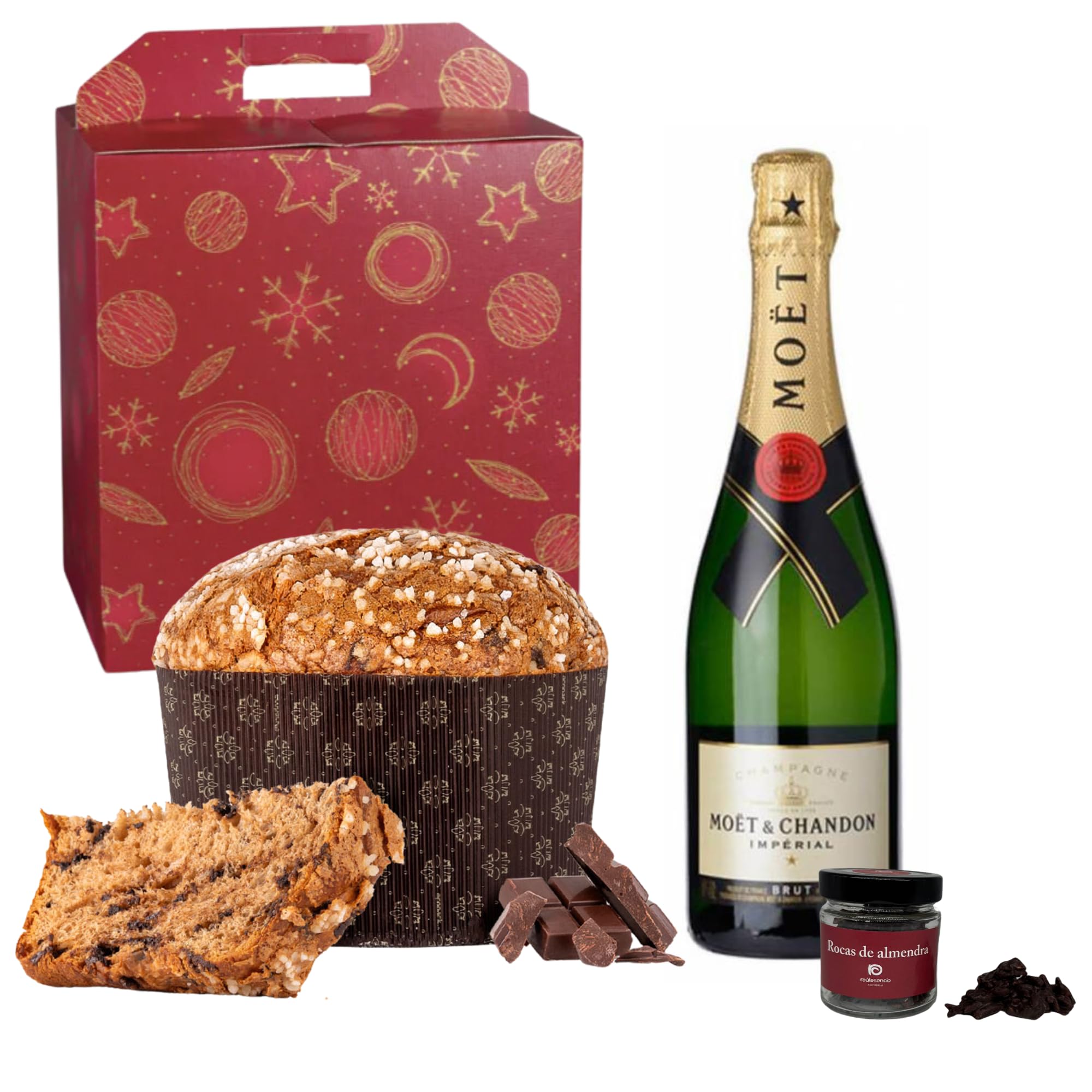 ENOVINOS Cesta Gourmet Regalo Navidad Empresas, Familia y Amigos - Caja con Champagne Moet y Chandon, Panettone Antonella de Chocolate y Rocas de Raúl Asencio