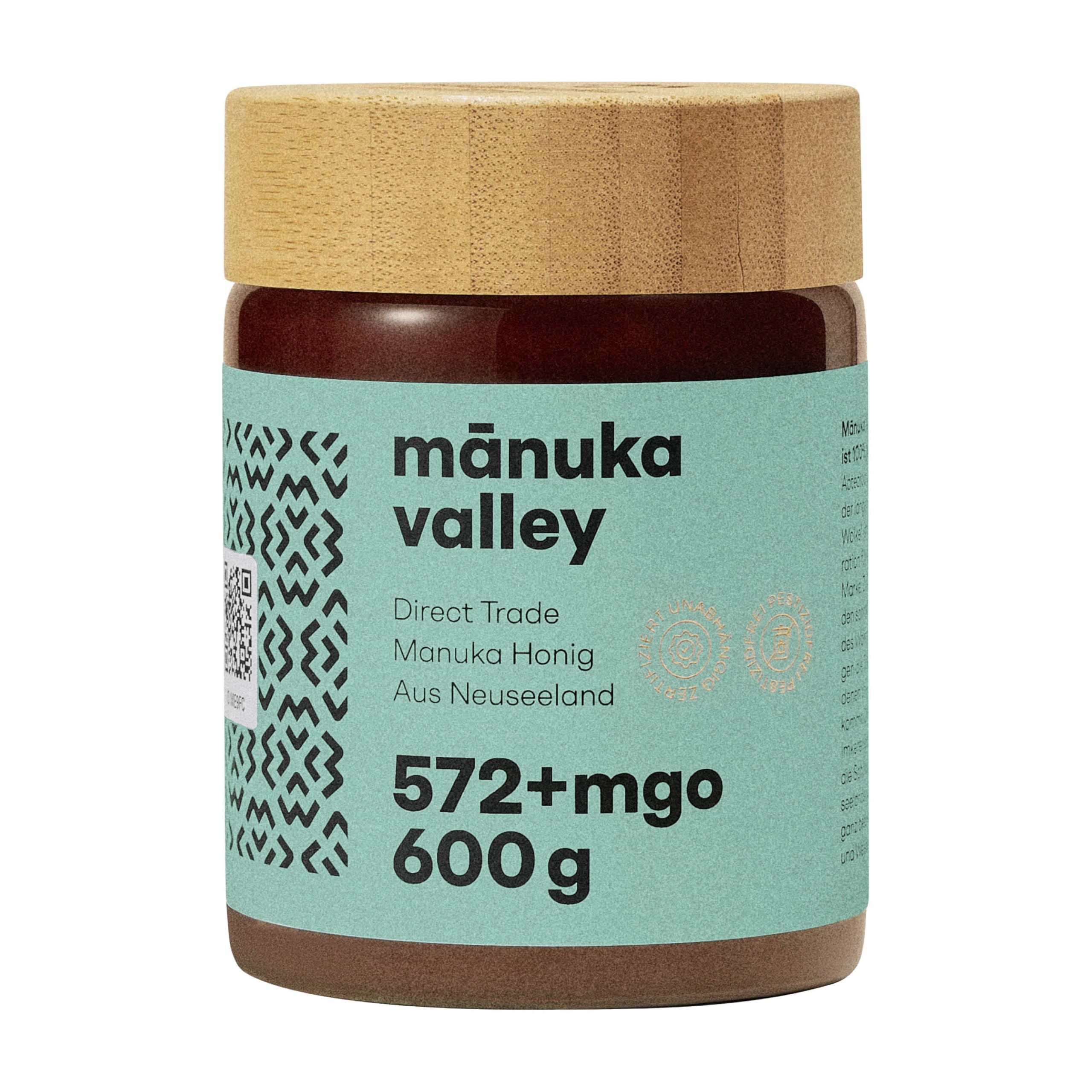 MANUKA VALLEY – Manuka Honig mit 572+ MGO im Glas. 600 g. Laborgeprüft und zertifiziert – 100 % natürlicher Manuka-Honig aus Neuseeland. Karamelliger Manukahonig mit feinem, erdigem Nachgeschmack