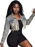 Floerns Women's Cropped Jean Jacket Casual Distressed Raw Hem Ripped Denim Coat W/Pocket