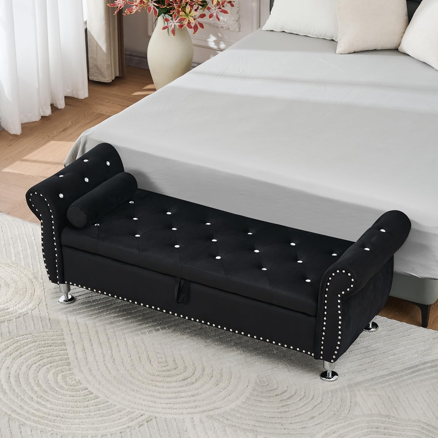 62" Storage Ottoman Bench, End of Bed Storage Benches with Crystal Buttons & 1 Pillow, Velvet Upholstered Entryway Bench with Storage, Modern Window Bench for Bedroom, Living Room, Black