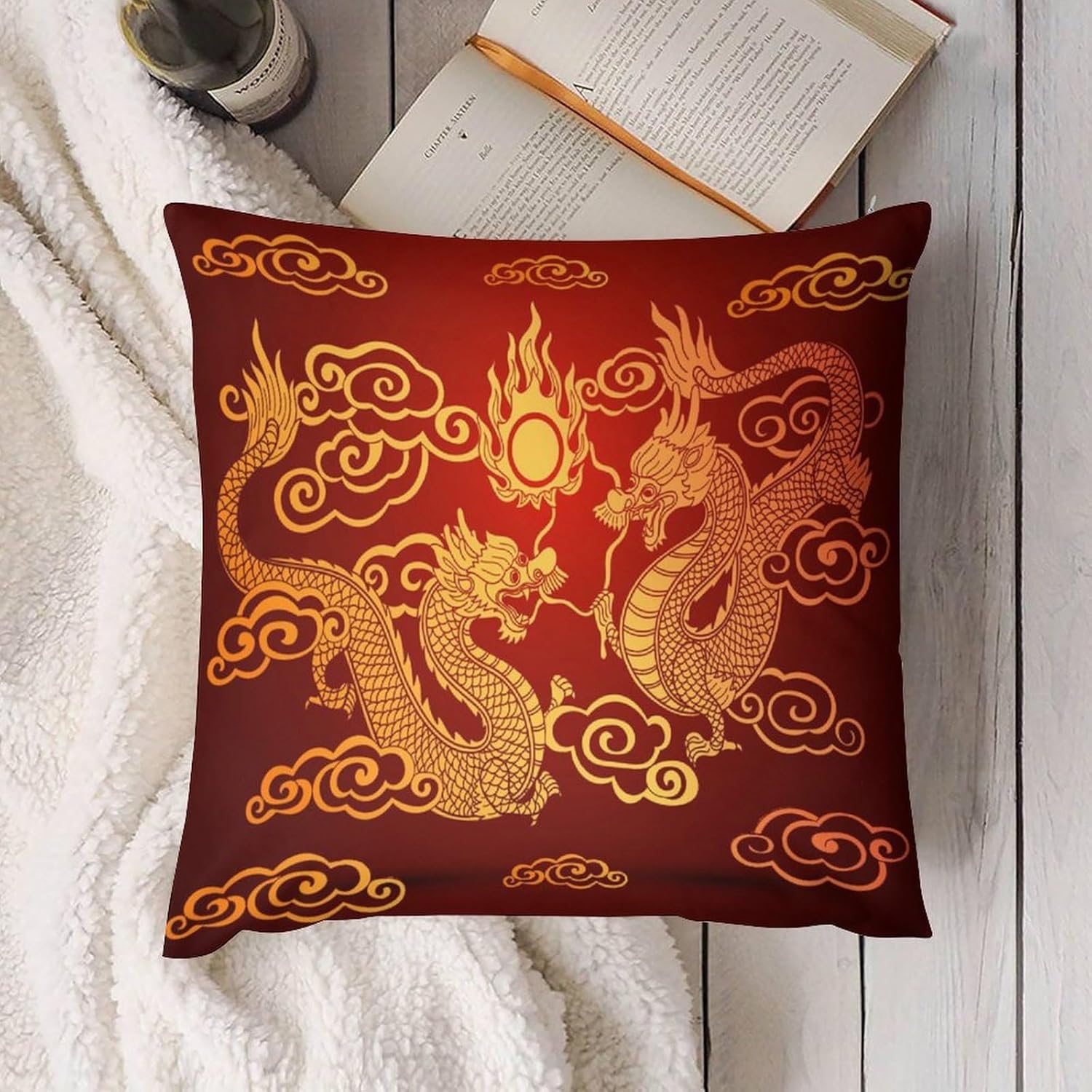 Dragon Pillow Covers Asian Style Traditional Chinese Dragon Clouds Pattern Decor Throw Cozy Soft Pillowcase Cushion Cover for Living Room Bedroom Couch Bed (2Pcs Set), 20x20in