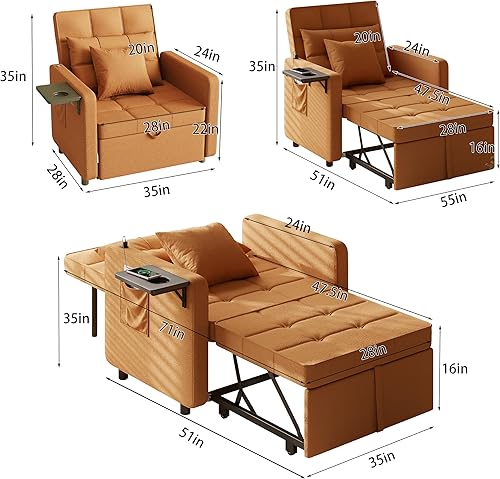 Vista 49 de Vabches Sofá cama 3 en 1 con mesa de ala y puertos USB, silla de terciopelo con respaldo ajustable, fácil montaje, azul