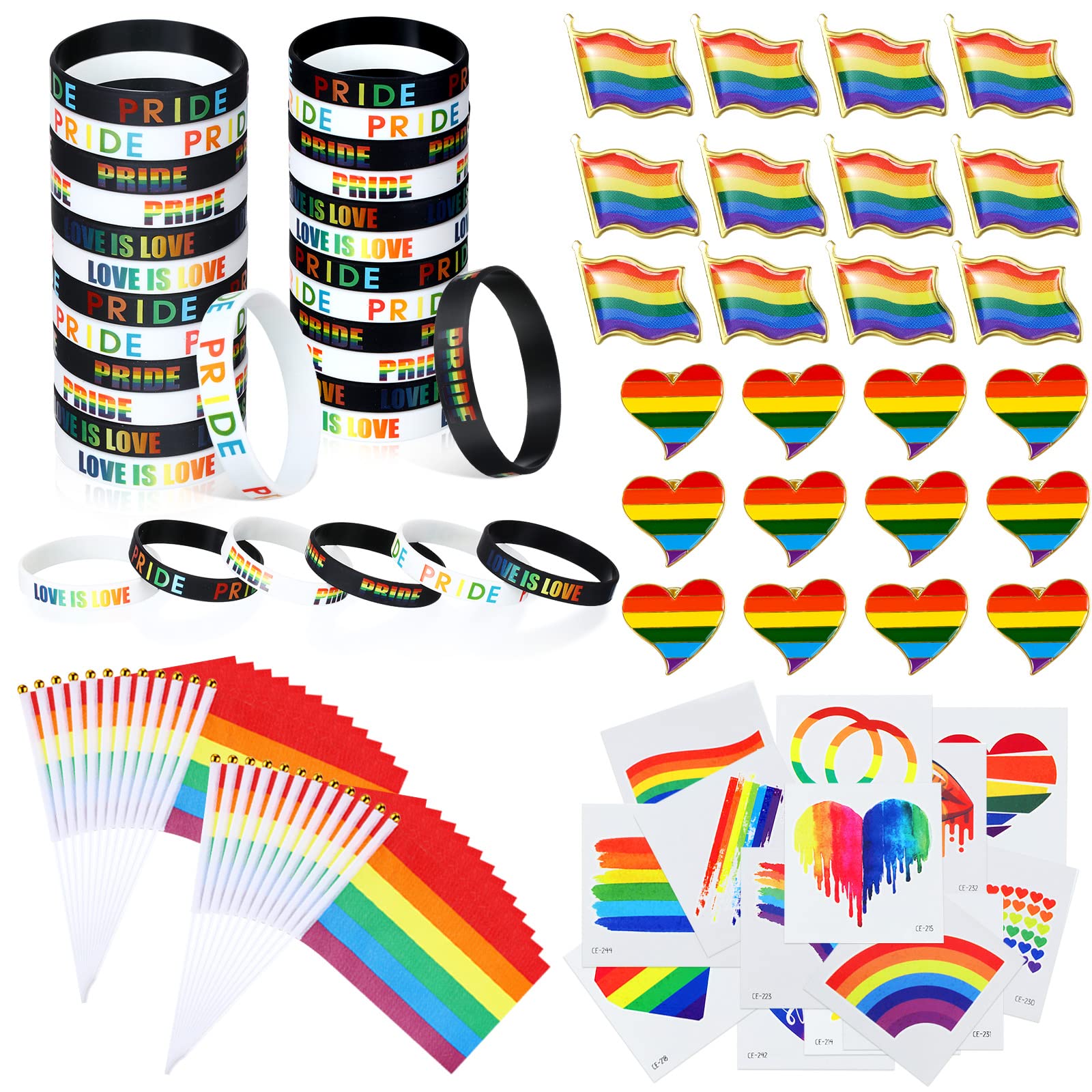 Batiyeer 120 Pcs Pride Accessories Includes Pride Silicone Bracelet Gay Enamel Lapel Pins Mini Rainbow Flag LGBT Love Tattoo Stickers for LGBTQ Party