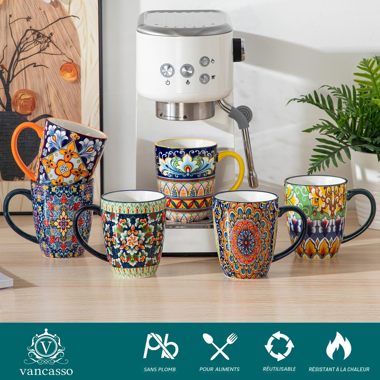 vancasso SIMI Lot de 6 Tasses à Café en Porcelaine (360ml) - Mugs avec Anse pour Thé, Café, Lait, Cappuccino - Résistant au Lave-vaisselle et Micro-ondes - Design Bohème Chic