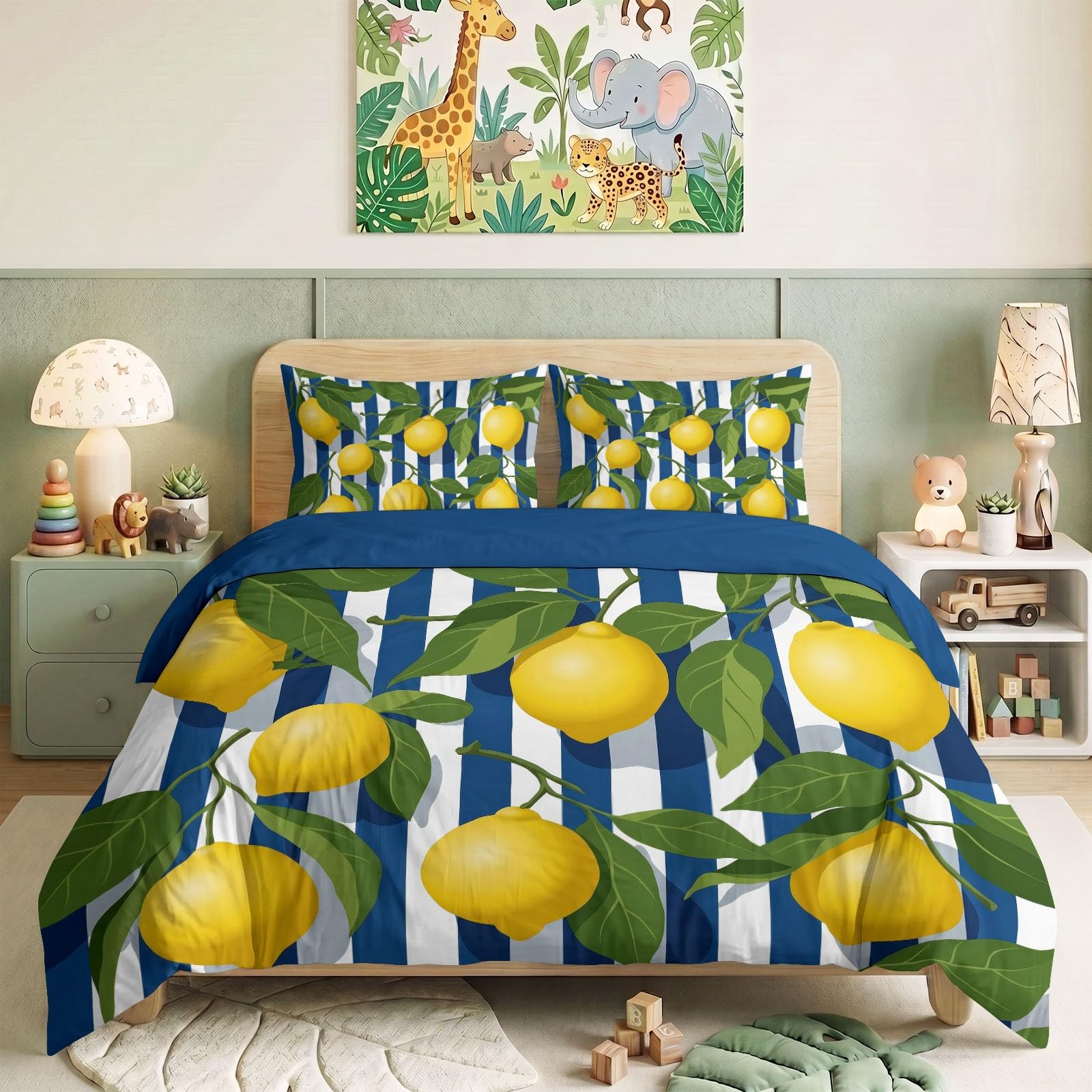 Generisch Bettwäsche Set 3-teilig 200 x 200 cm, Ländlich-Idyllisch Kinderbettwäsche Mikrofaser mit Reißverschluss - Bettbezug Obst Zitrone Grüne Blätter für Jungen Mädchen Blau Bettwaren