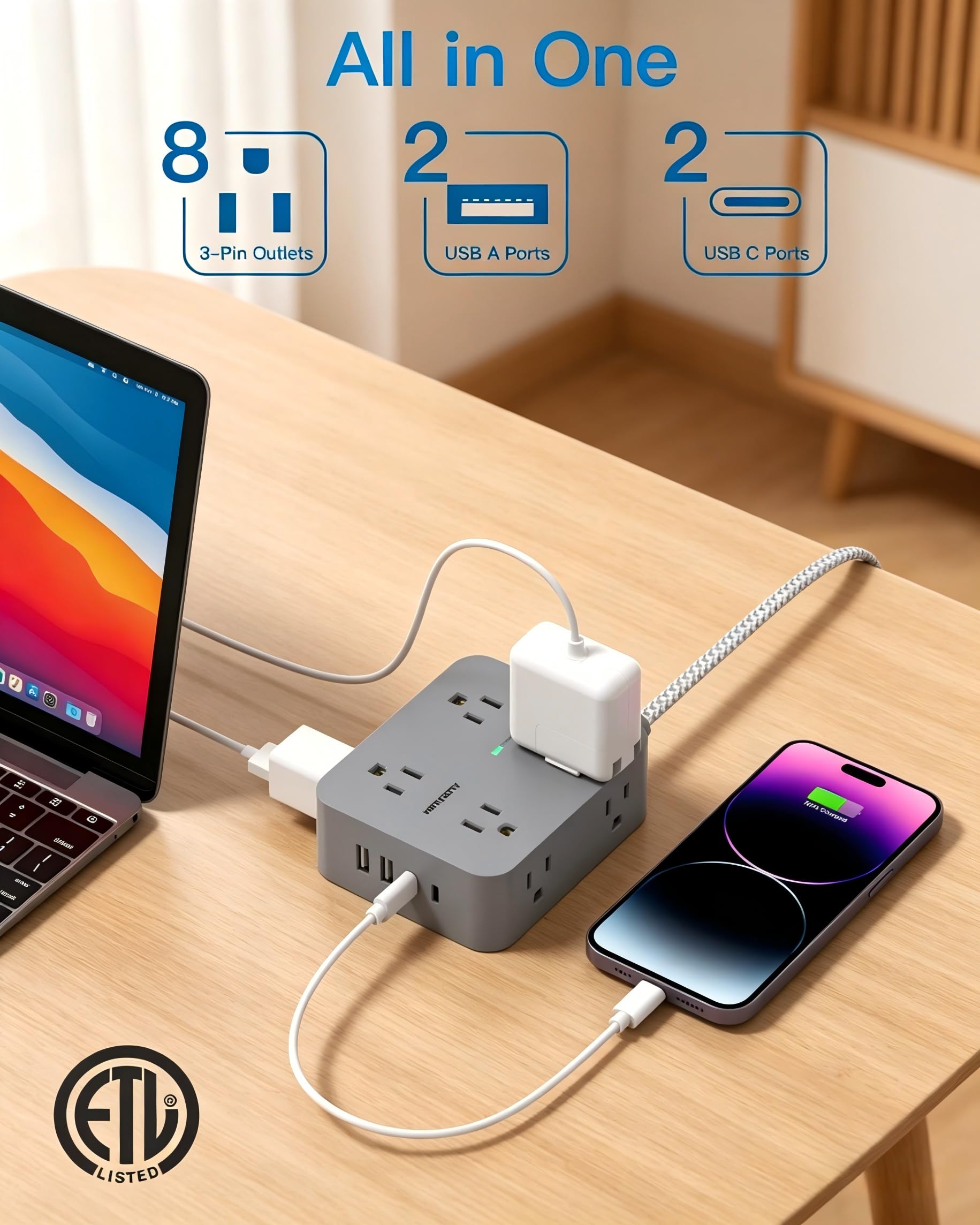 HANYCONY - 8 Steckdosen, 4 USB-Ladeanschlüsse (2 USB C), Mehrfachsteckdosenausgangsverlängerung, 5 Fuß geflochtenes Verlängerungskabel, Flachstecker zur Wandmontage, Ladestation