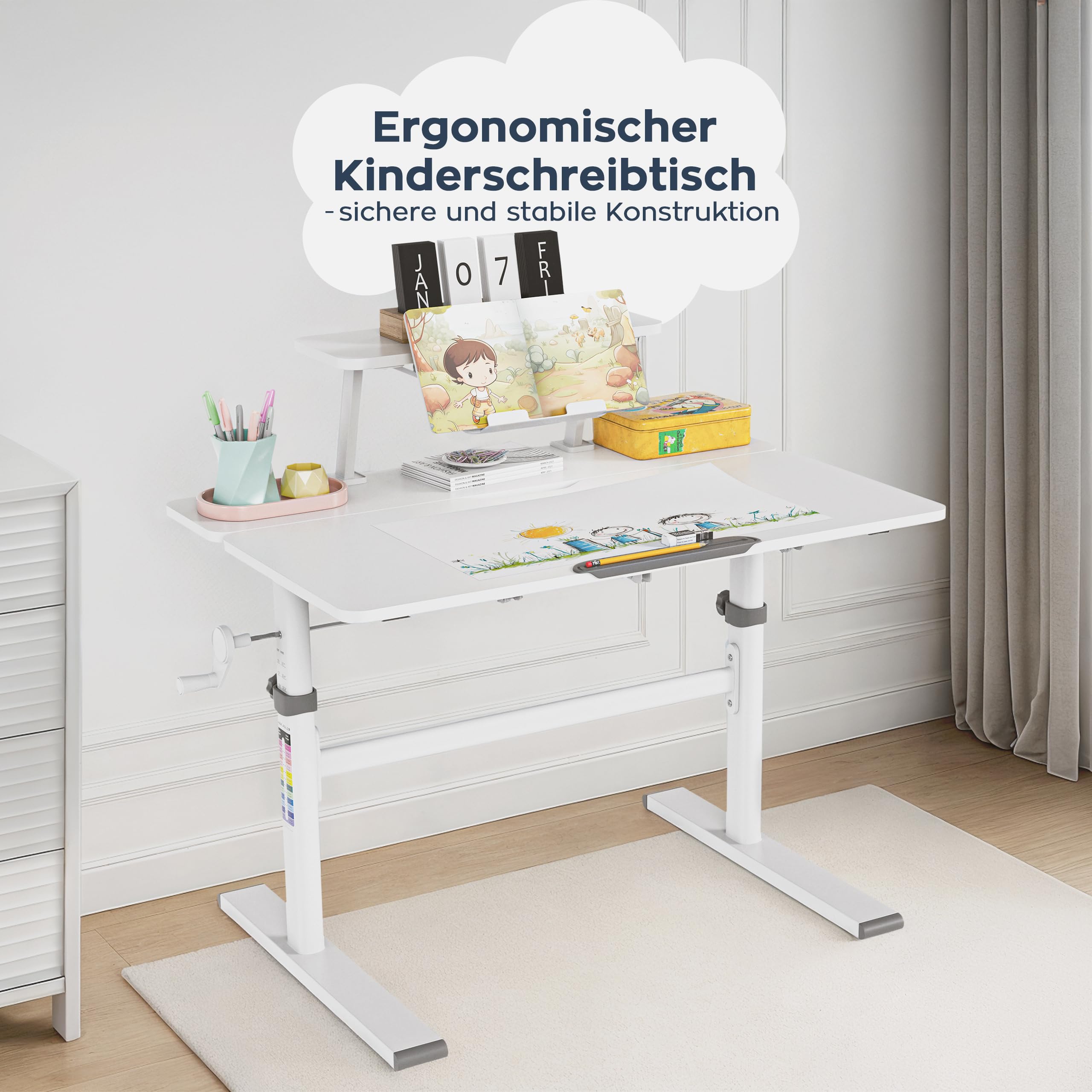 MARK ADLER Study 3.7 – Kinderschreibtisch ab 6 Jahre – Schreibtisch höhenverstellbar Kinder 55–75 cm – 90x60 cm – Belastbarkeit bis 75kg – Neigbare Tischplatte 40° – Mit Buchstütze und Ablage – Grau