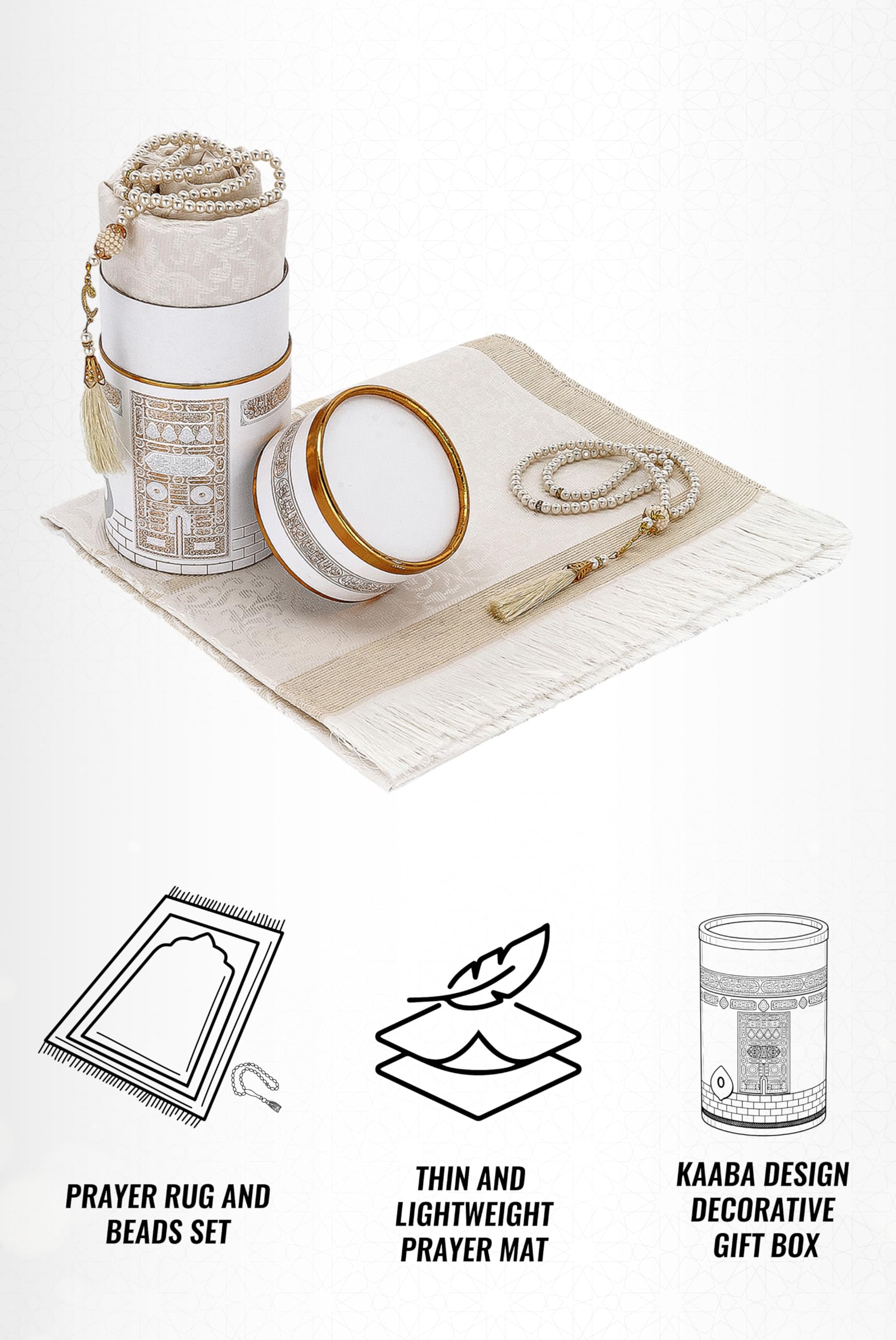 ihvan online Tappeto da preghiera musulmana e perline di preghiera con elegante scatola regalo cilindrica dal design elegante, Janamaz, Soft Sajadah, set regalo islamico, tappetino portatile per