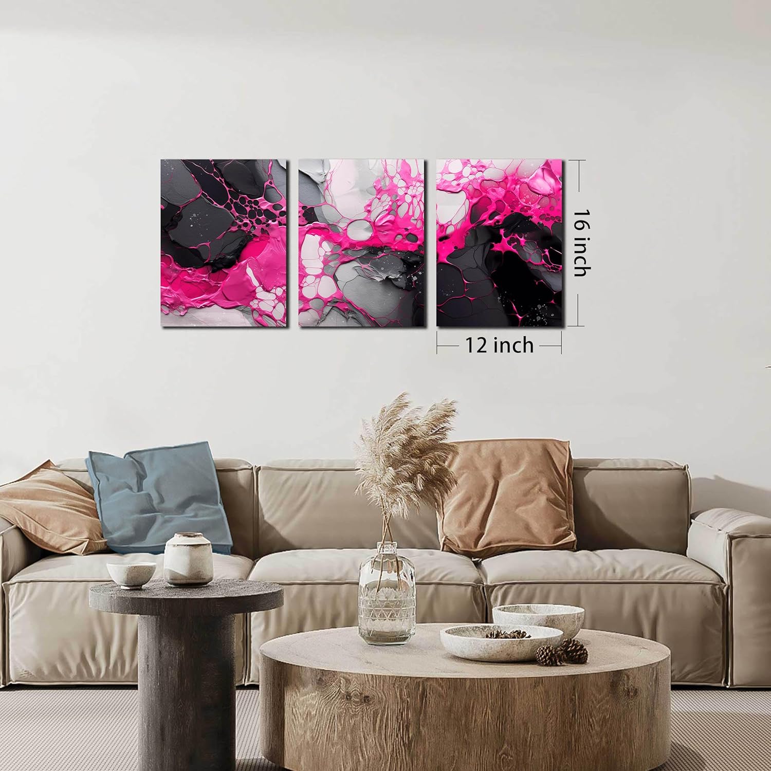 Abstract Art Wall Decor for Living Room - Pink Pictures Wall Art for Bedroom - 3 Piece Canvas Wall Art for Office Size 12" x 16"