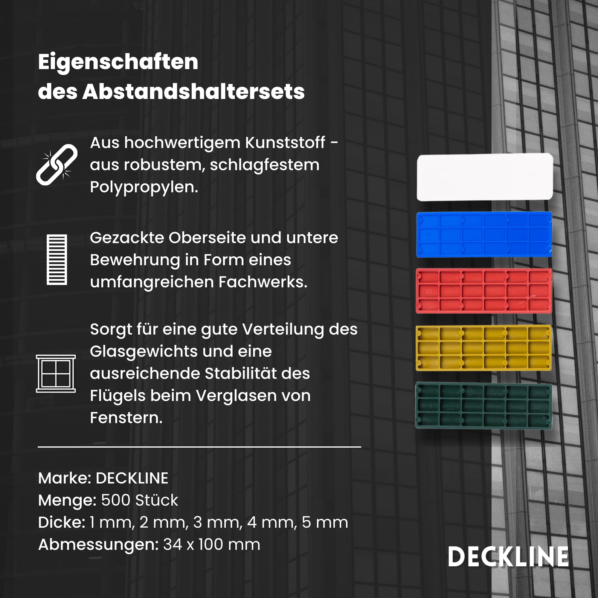 Abstandshalter Kunststoff - 500 Stück - 34 x 100 mm - Im Set: 1, 2, 3, 4, 5 mm - MIX Distanzklötze aus Kunststoff für Fußböden, Fenstern und Türen - Verglasungsklötze - Unterlegplatten