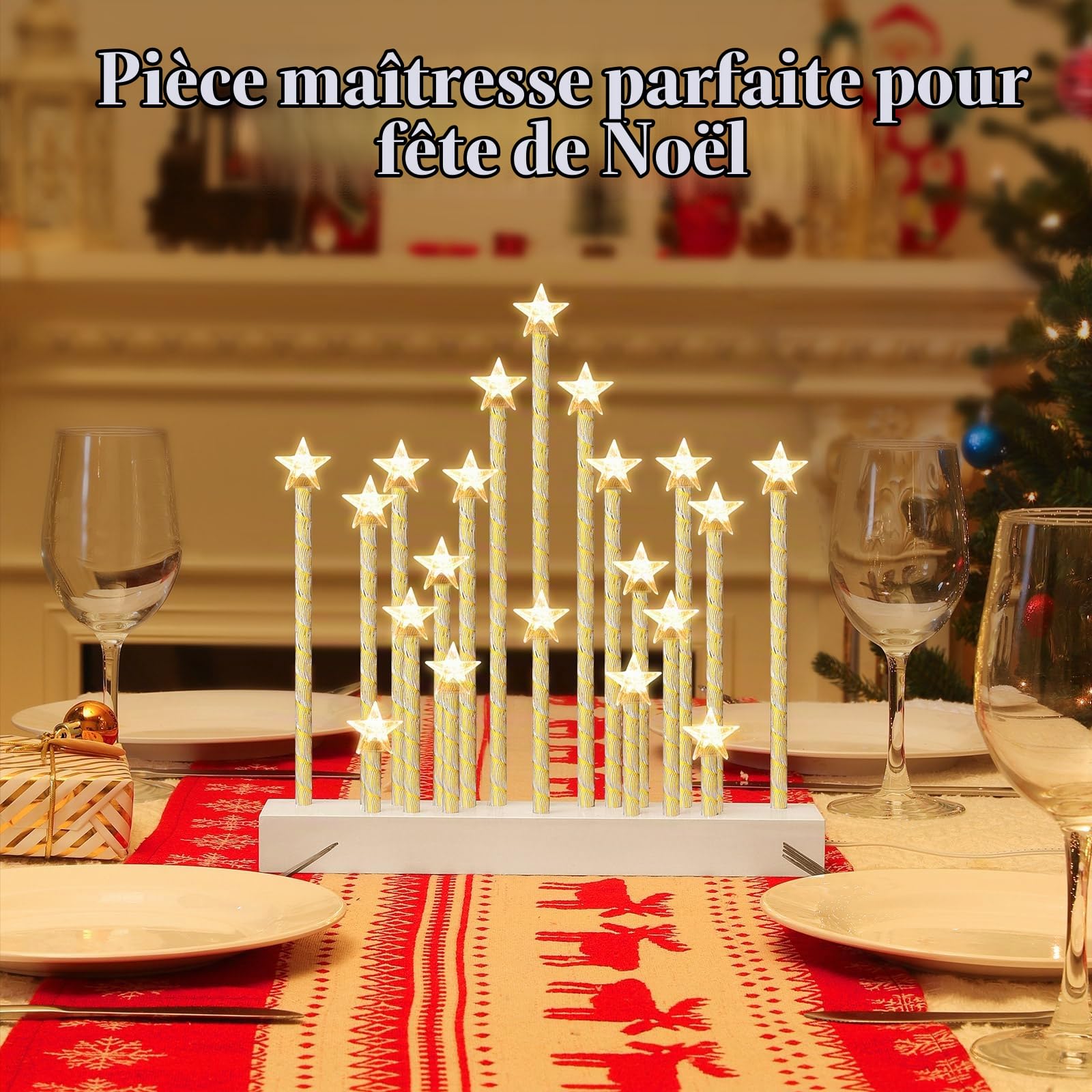 Lewondr Chandelier Suédois de Noël, Bougies sans Flamme Etoilées avec 20 LED Bougies Electriques, Bougies de Fenêtre de Noël Alimentées par USB pour la Décoration de Noël, Cadeau de Mariage, Blanc