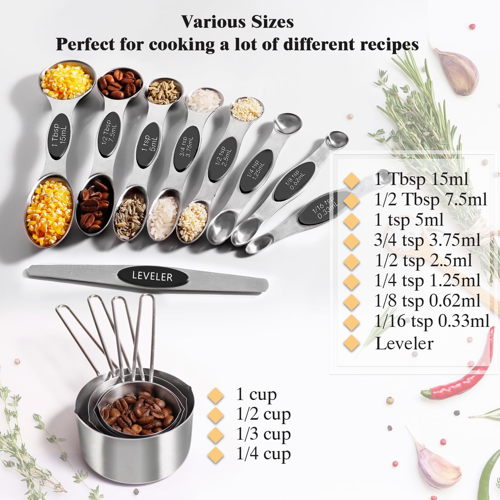 Juego de 13 tazas y cucharas medidoras de acero inoxidable, incluye 4 tazas medidoras de metal líquido, 8 cucharas medidoras magnéticas con 1 nivelador, accesorios de cocina para cocinar y