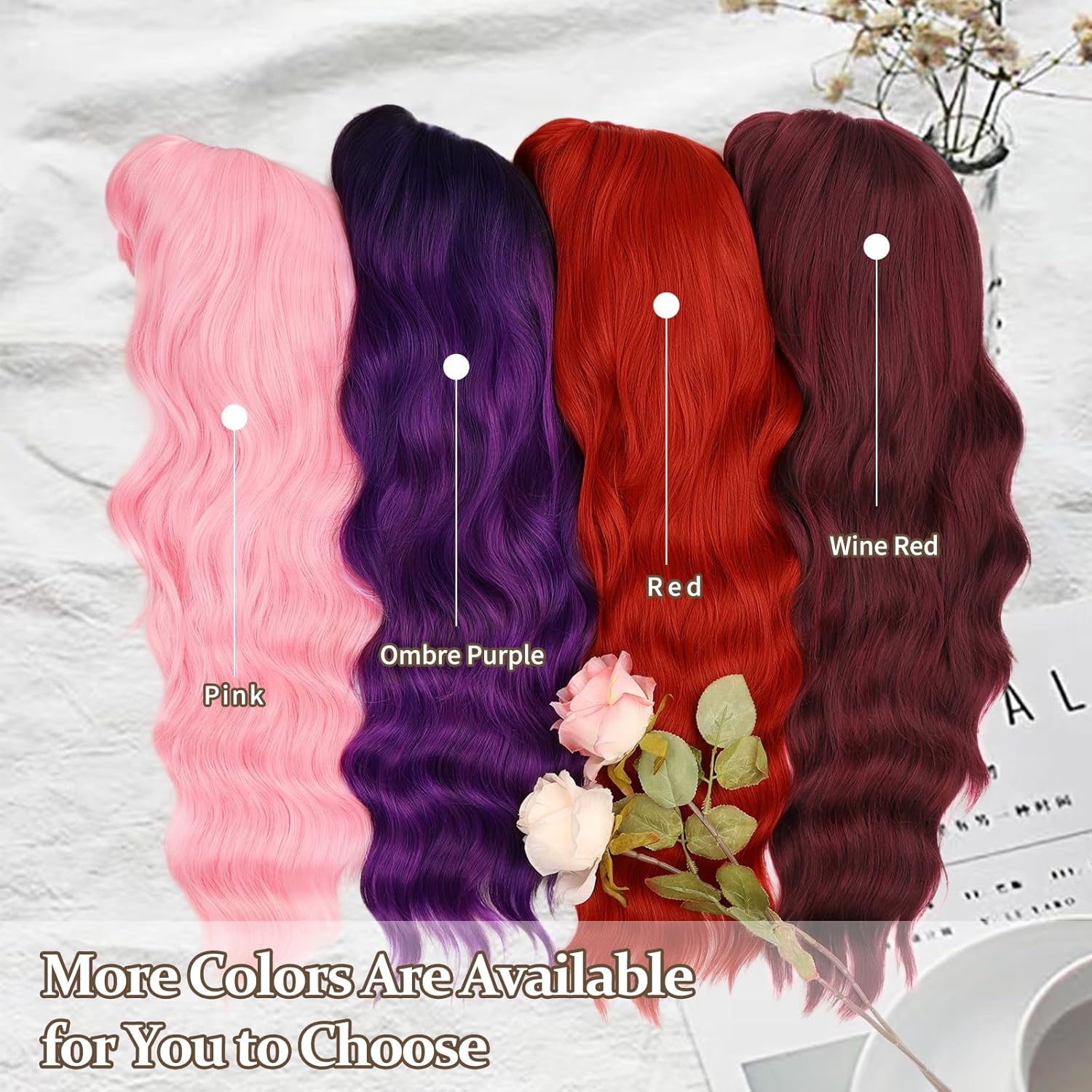 NAYOO Pink Wigs with Bangs - Long Curly Wavy Synthetic Fiber Wigs for Daily Party Use - Heat Resistant - 24 Inches (Pink) - Image 5