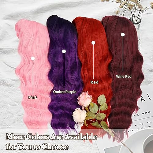 Miniatura 5 de NAYOO Pelucas largas moradas con flequillo para mujer, pelucas de cabello rizado y ondulado, resistentes al calor, pelucas de fibra sintética para