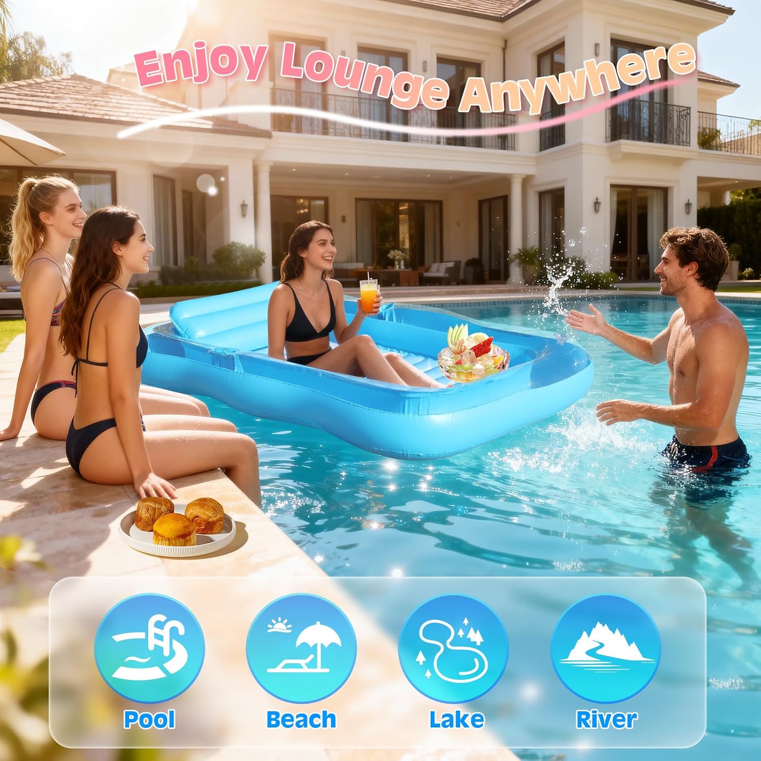 Inflatable Tanning Pool Lounger, 71"x48" Tanning Bed Pool Floats w/Pillow & Cup Holders, Thicken Sutan Lounge Float for Adults, Blow Up Sunbathing Floatie Raft for Backyard Lake Water Party
