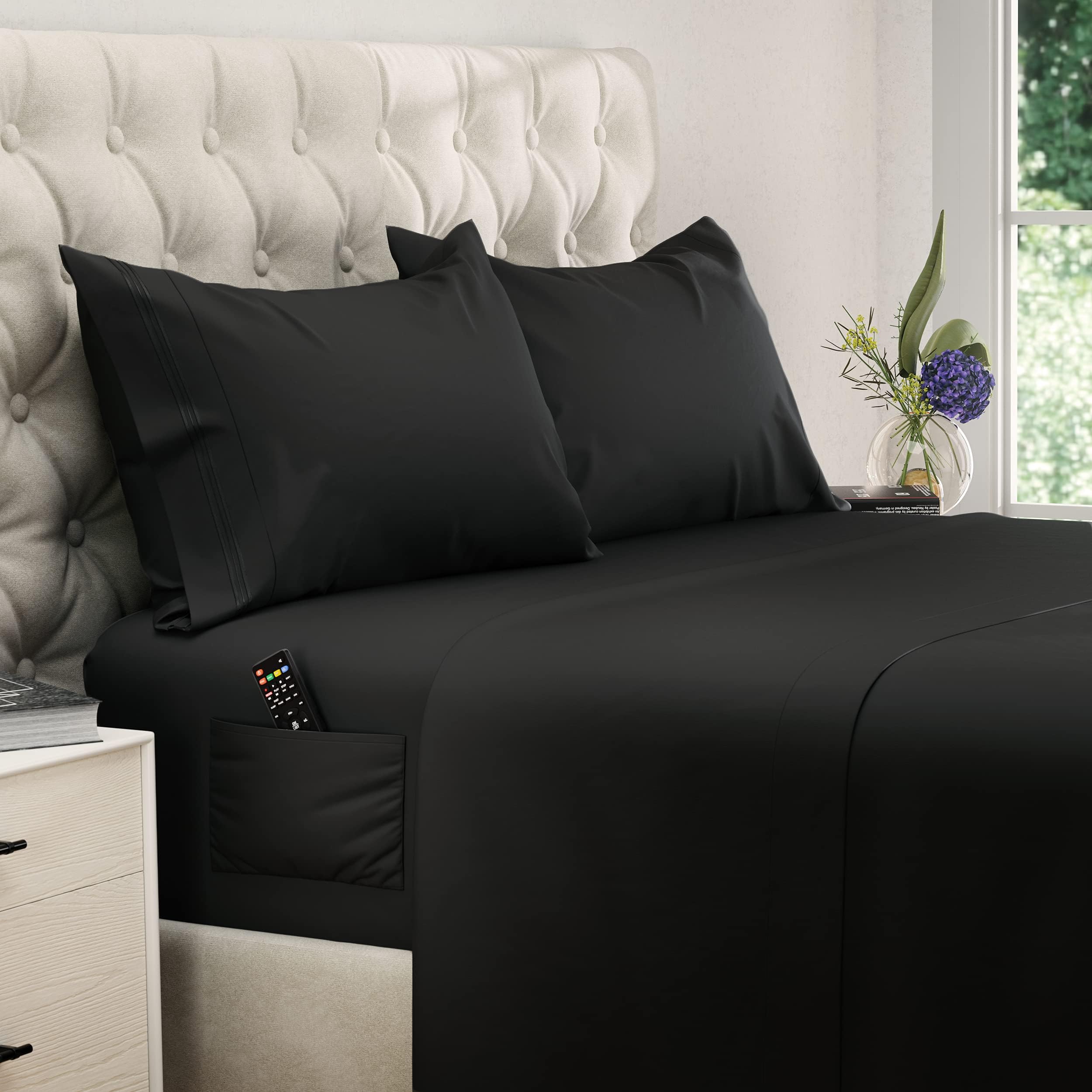 DREAMCARE King Size Sheets Set – 4 pcs Cooling Sheets – up to 21” Deep Pocket King Sheet Set – Hotel Luxury Sheets & Pillowcases – Superior Softness 100% Fine Microfiber with Side Pocket – Black