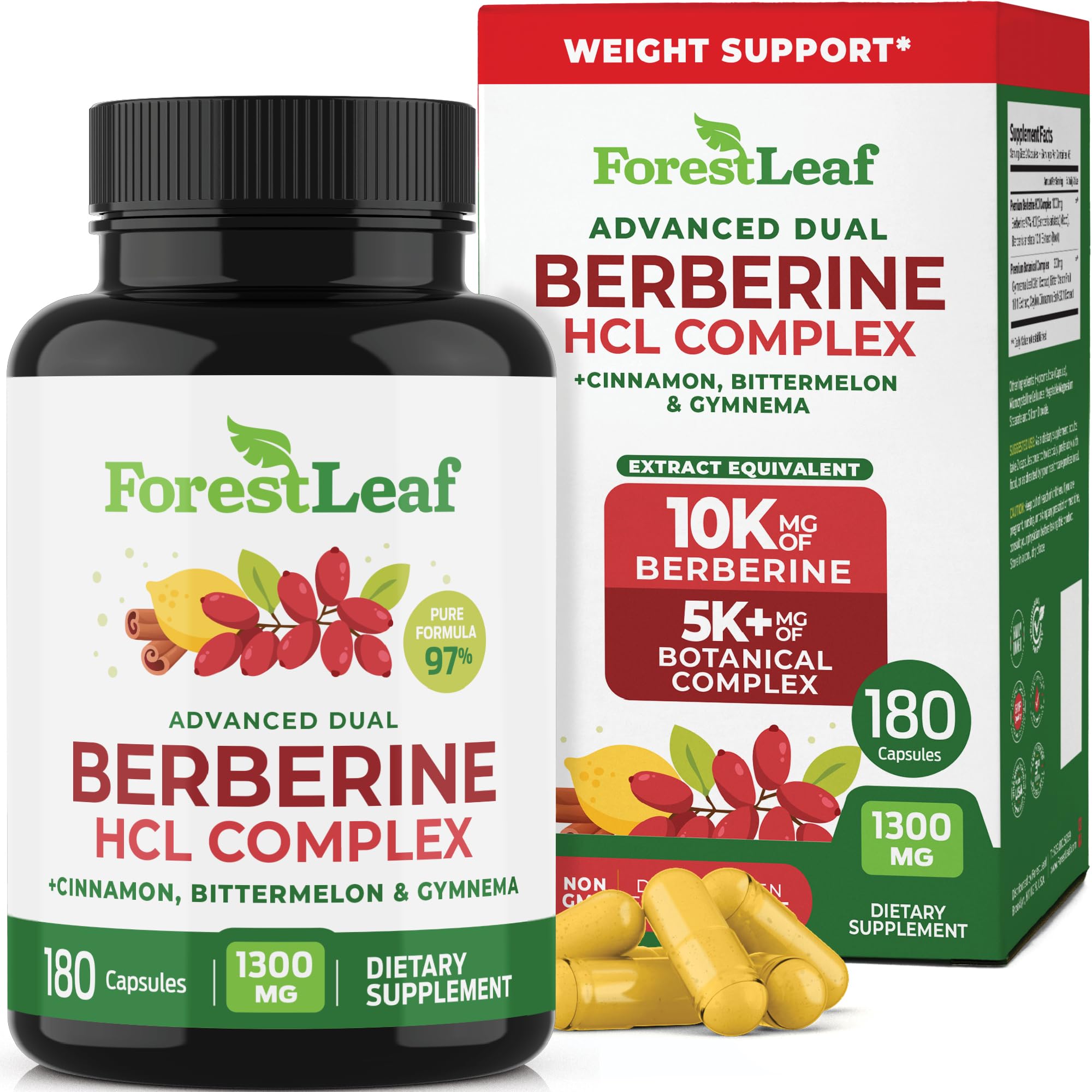 ForestLeaf Berberine Supplement - 1300mg per Serving - Ultra High Potency Berberine HCl with Ceylon Cinnamon, Bitter Melon & Gymnema - GLP-1 Weight Management Support - 180 Caps