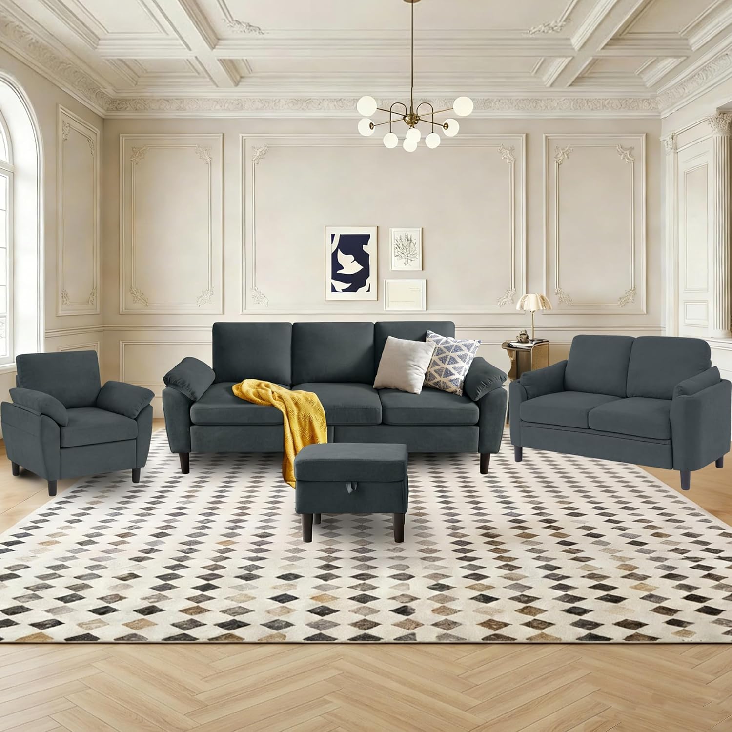 4 Piece Convertible Sectional Sofa Set, 3-Seater L Shaped Couch with Reversible Storage Ottoman & Small Loveseat Sofa & Armchair, Modern Linen Sectional Couches for Living Room, Apartment, Dark Grey