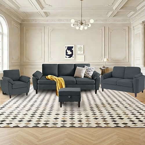 Miniatura 35 de Juego de sofá modular de 2 piezas para sala de estar, sofá convertible moderno de lino en forma de L de 79 pulgadas con otomana móvil y silla Gris