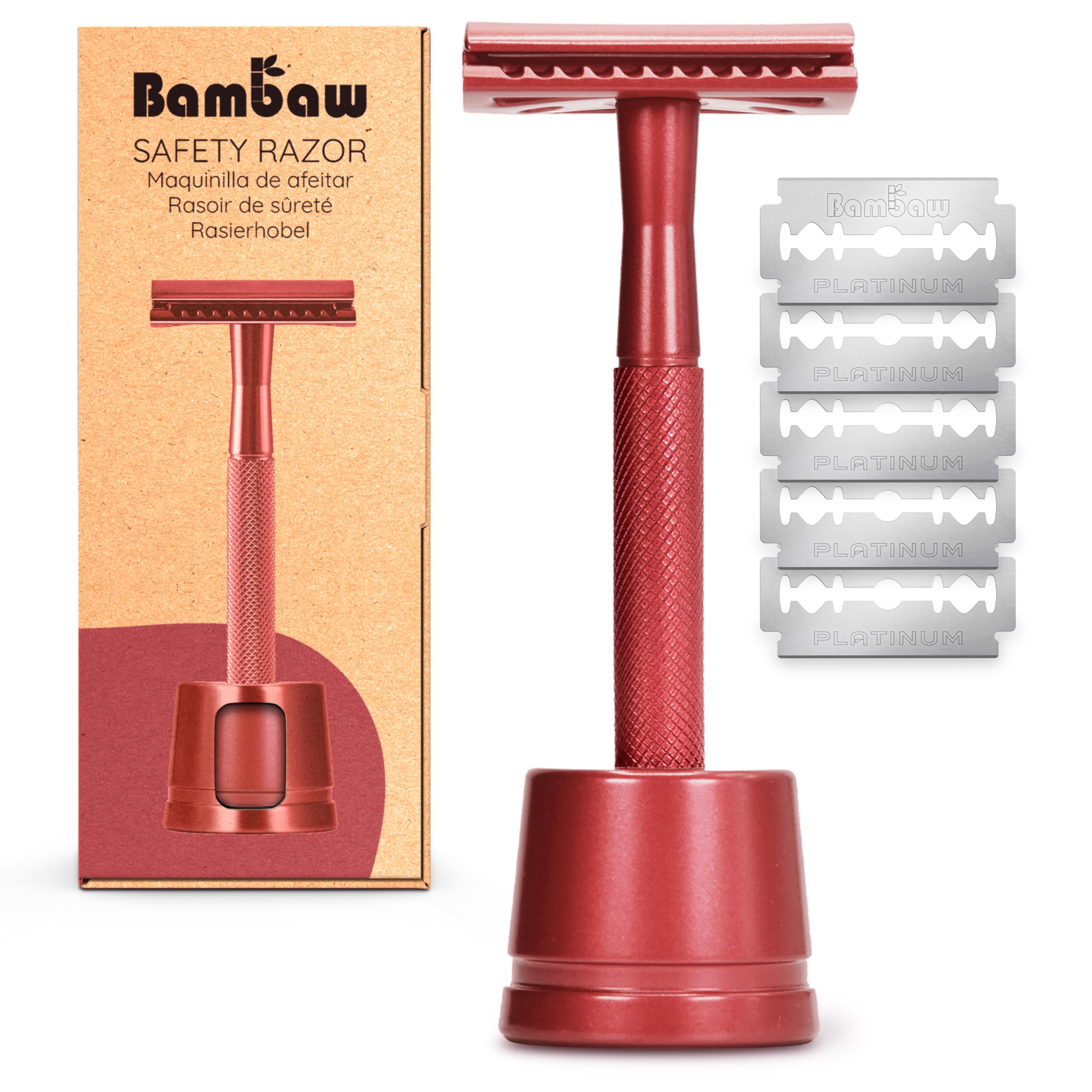 Bambaw Rasoio di Sicurezza con 5 Lamette Donna e Uomo, Include Supporto Rasoio di Sicurezza, Ideale per Viso e Corpo, Rasoi Donna a 1 Lama in Metallo per Depilazione e Rasatura Accurate (Rosso)