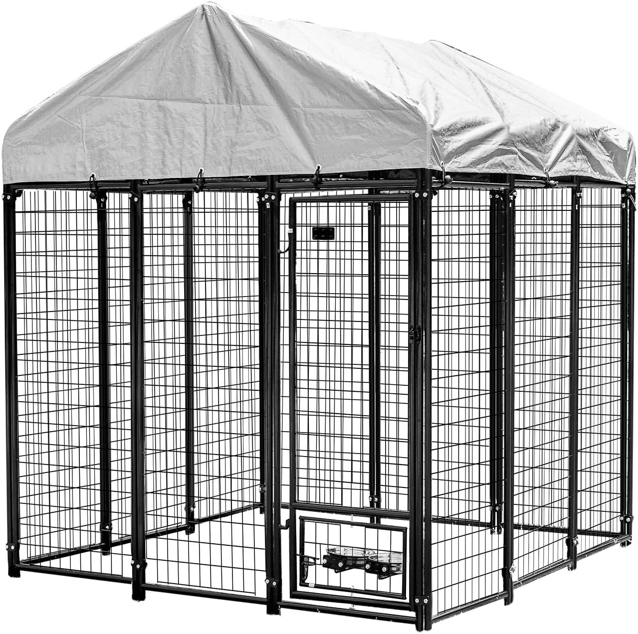 PUPZO Welded Wire Dog Kennel,Outdoor Heavy Duty Pet Cage with Waterproof Cover Automatic Lock Rotatable Window 2 Stainless Steel Bowls