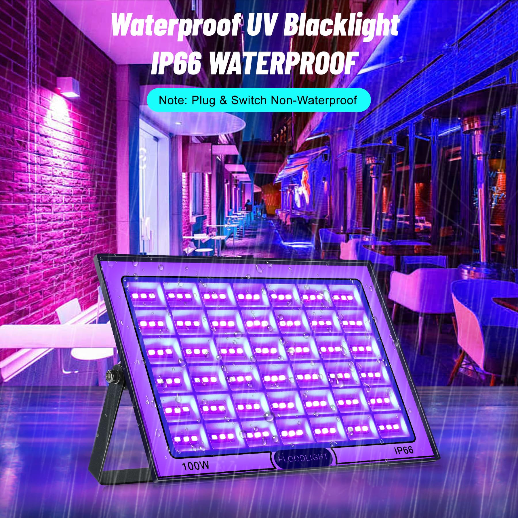 Lumiere Noire 100W 2 pièces, Projecteur Lumière Noire Étanches IP66, 395-400nm Lumiere UV pour Soiree Fluo, Disco DJ, Fête, Halloween, Noël, Peinture Corporelle, Aquariums