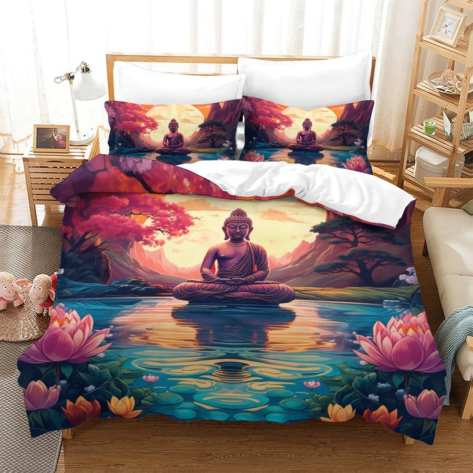 Parure de lit 200x200 Bouddha 3D en microfibre douce avec taies d'oreiller