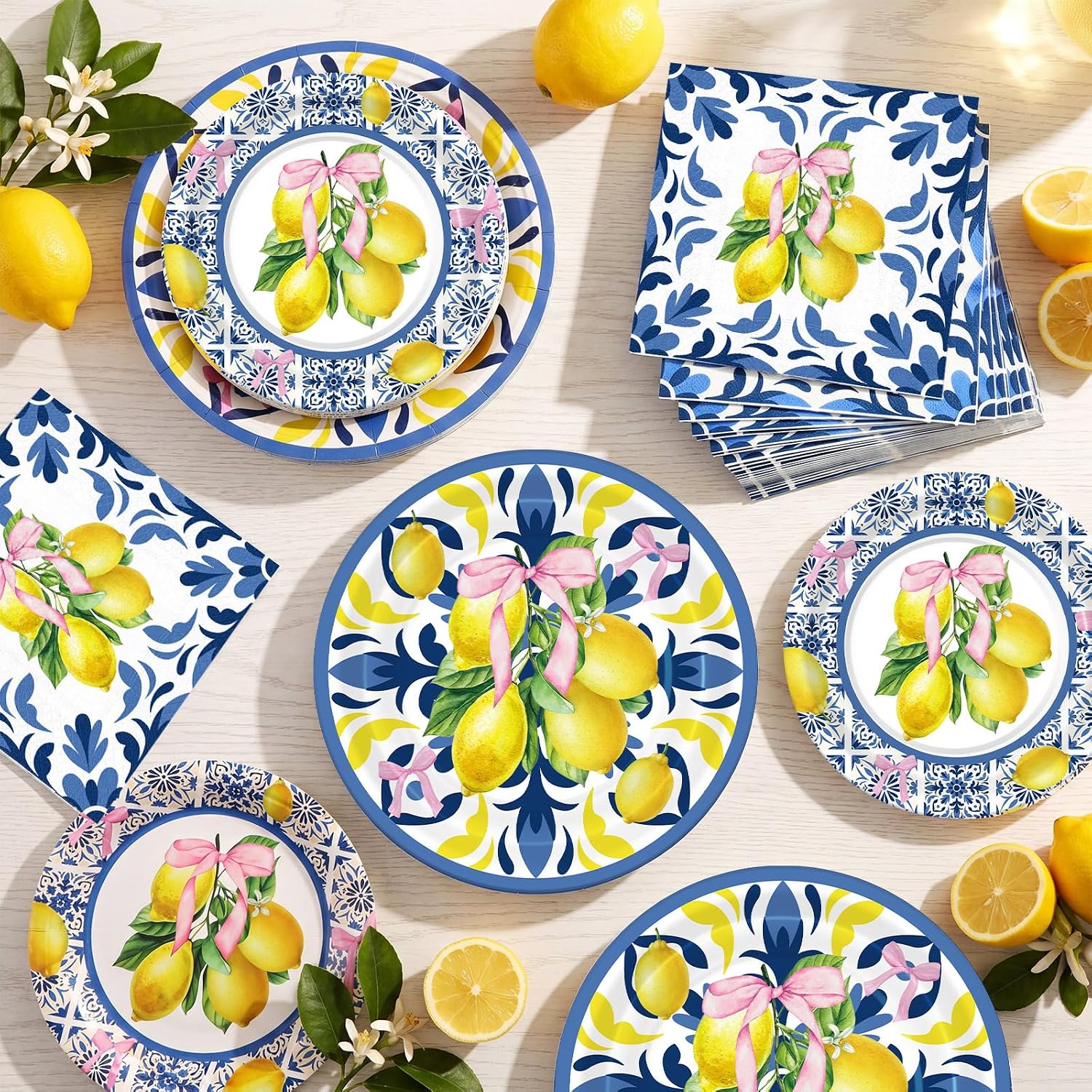 Havawish 72 Pcs Coquette Pink Bow Capri Lemon Baby Shower Party Supply Blue Tile Plates Sweet One Lemon Bridal Paper Plates and Napkins Mediterranean Disposable Party Wedding Baby Shower Tableware