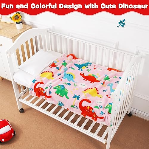 Miniatura 2 de Lukeight Manta de dinosaurio de bebé para niñas, manta de dinosaurio rosa de 380 GSM, suave y cálida, manta de bebé pequeña para cuna, cochecito,
