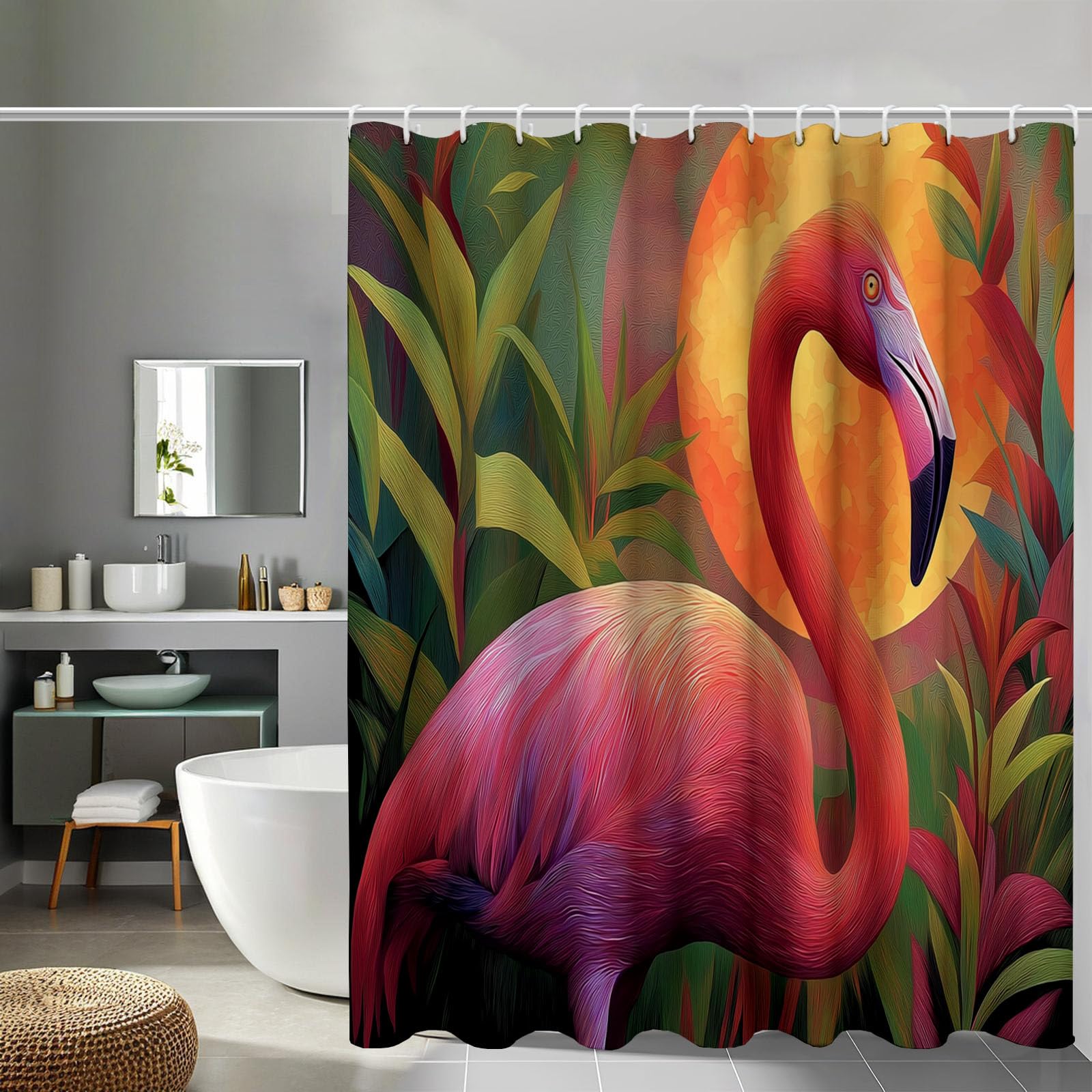 Rideau de douche lavable en tissu polyester vert orange imperméable avec anneaux de rideaux