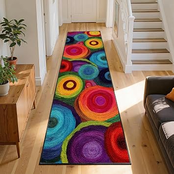 Colorful Circle Boho Runner Rugs, 2x6ft, Abstract Yarn Round Texture Pattern Area Rug for Bedroom, Shed Resistant Dirty Resistant Reduce Noise Floor Mat for Bedside Family Kids