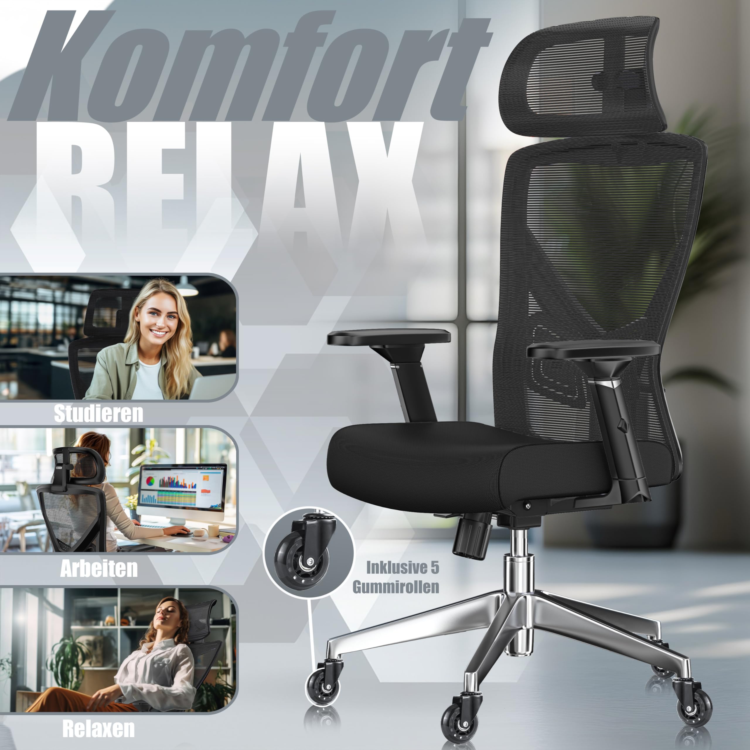 KESSER® Bürostuhl Ergonomisch mit verstellbaren Armlehnen | Drehstuhl mit Lendenwirbelstütze Rückenschonend | Schreibtischstuhl mit Kopfstütze | Office Chair Wippfunktion bis 125° mit 5X Gummirollen