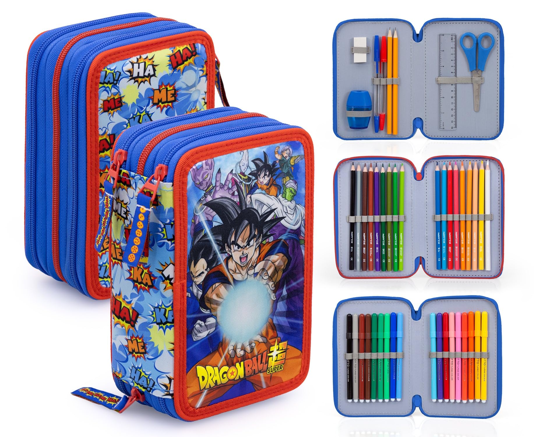 Astuccio Scuola Completo 3 Zip Riempito con 44 Pezzi con Pennarelli Giotto e Pastelli 4mm - Per i fan di Dragon Ball - Prodotto Ufficiale - Logo stampato 3D
