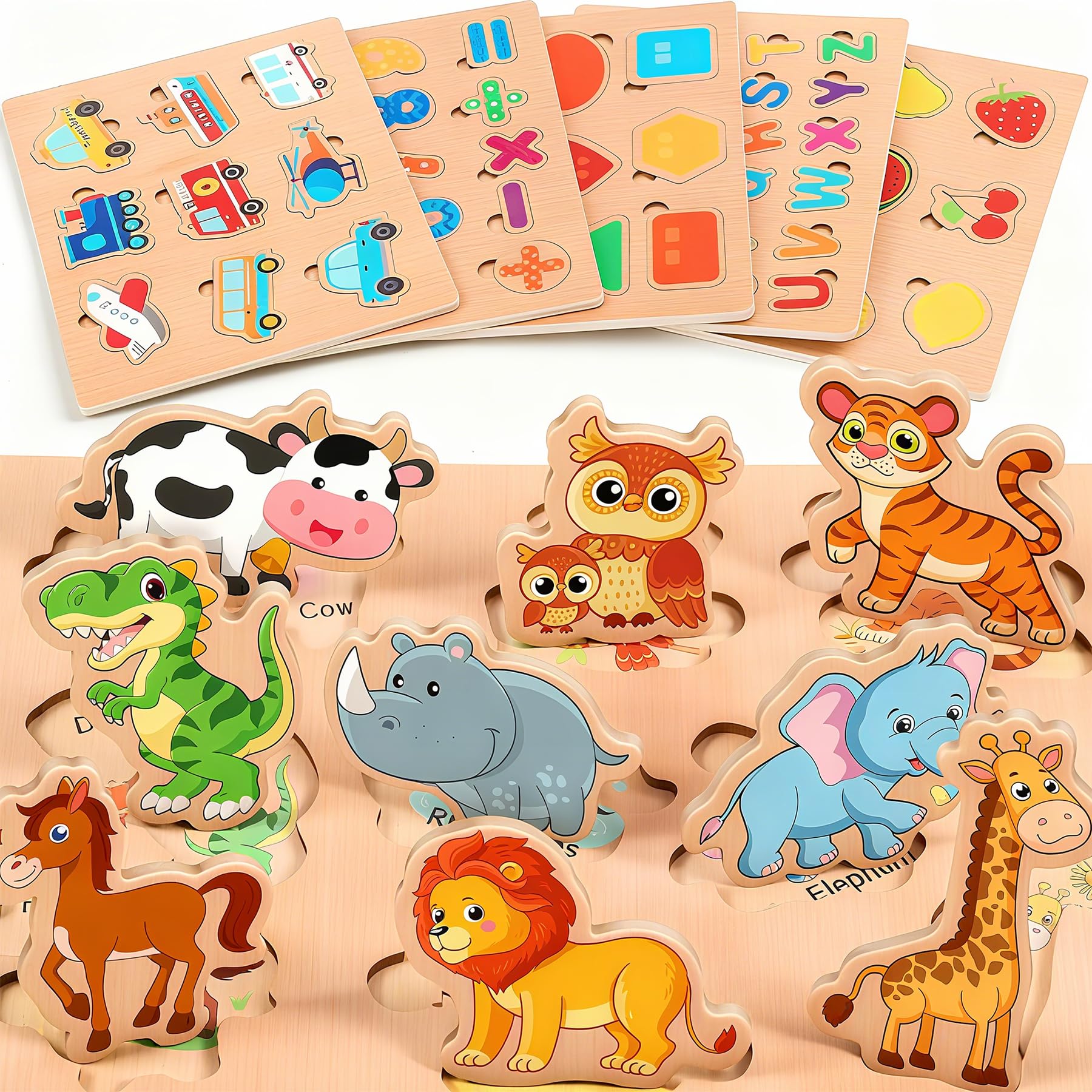 lenbest Zestaw 6 drewnianych puzzli dla dzieci, zabawka Montessori, alfabet zwierzęcy, cyfry, pojazdy, owoce, drewniane zabawki edukacyjne, zabawka dla dzieci w wieku 2-3 lat, prezenty