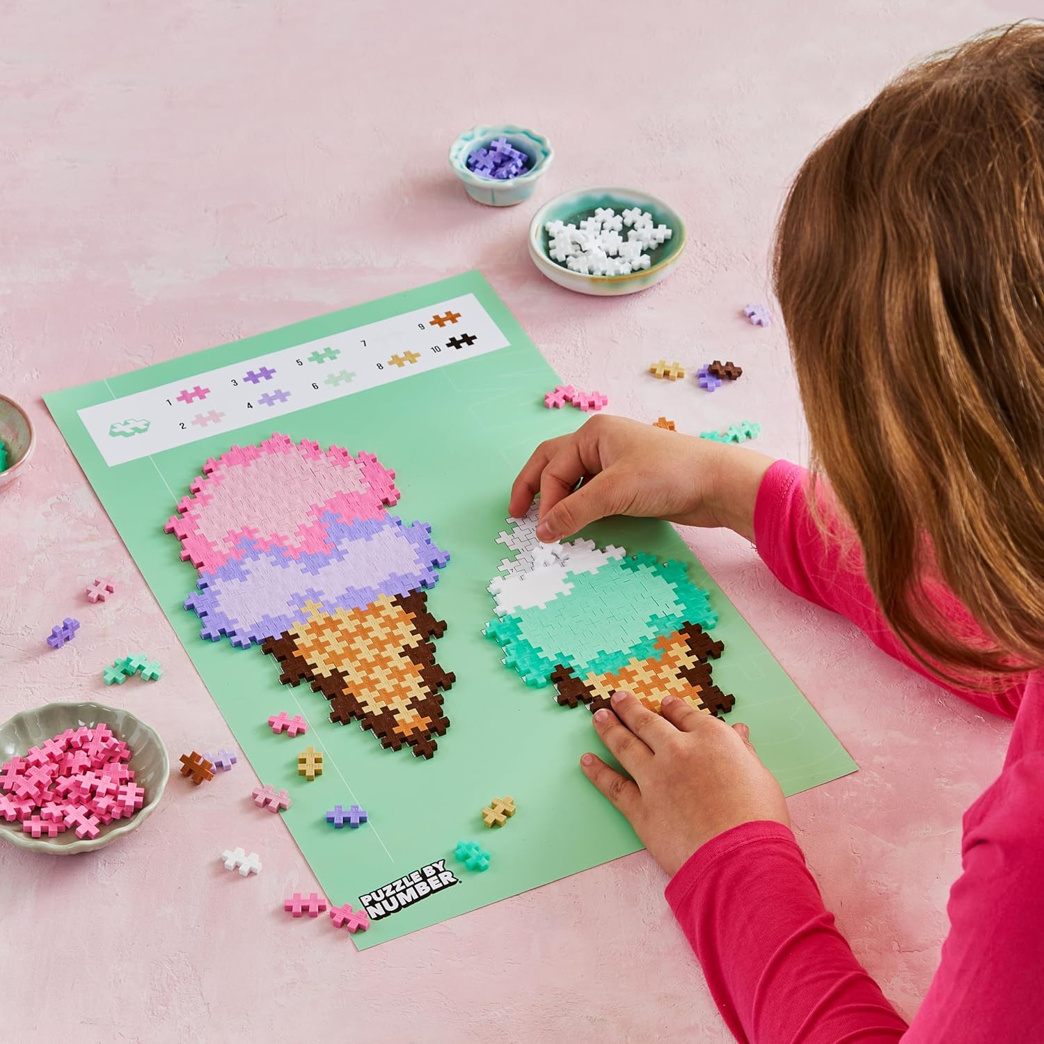 PLUS PLUS Puzzle By Number, Ice Cream Cones - 250 Piece Mini Interlocking Hashtag Color Blocks, 3D Pixel Art Kit for Kids