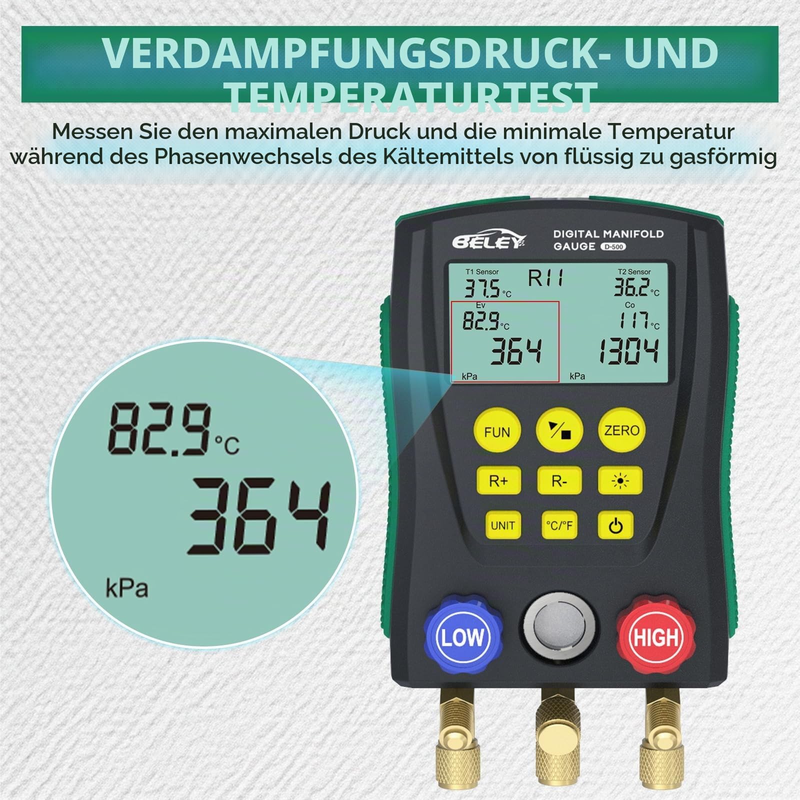 Digitales Monteurhilfe Manometer-Set für HVAC - Kompatibel mit R410a, R32, R22 Kältemittel, mit Temperaturklemmen und Kältemittelschläuchen, für Prüfung & Wartung von Klimaanlagen und Kühlschränken