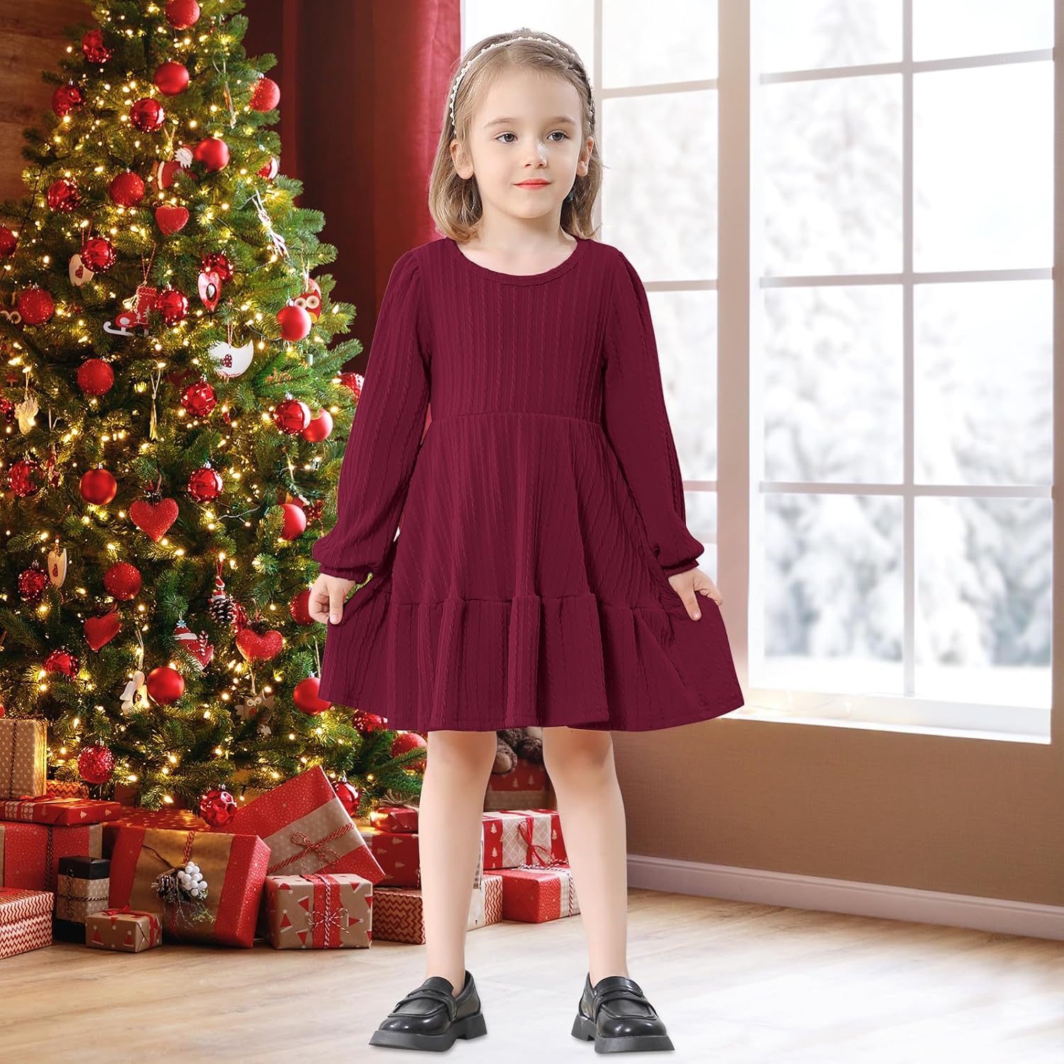 Neutocd Toddler Baby Girl Dress Long Sleeve Knit Sweater Fall Winter Ribbed Ruffle Casual Solid Toddler Dress - Image 3