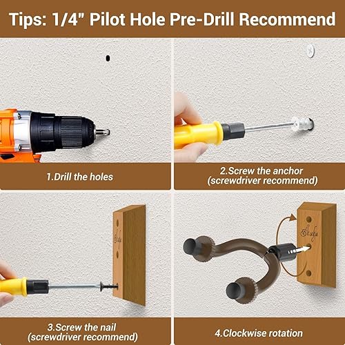 Miniatura 8 de Ohuhu Soporte de pared para guitarra paquete de 2 perchas giratorias de madera dura con tornillos, tapón ajustable, soporte de gancho para soporte