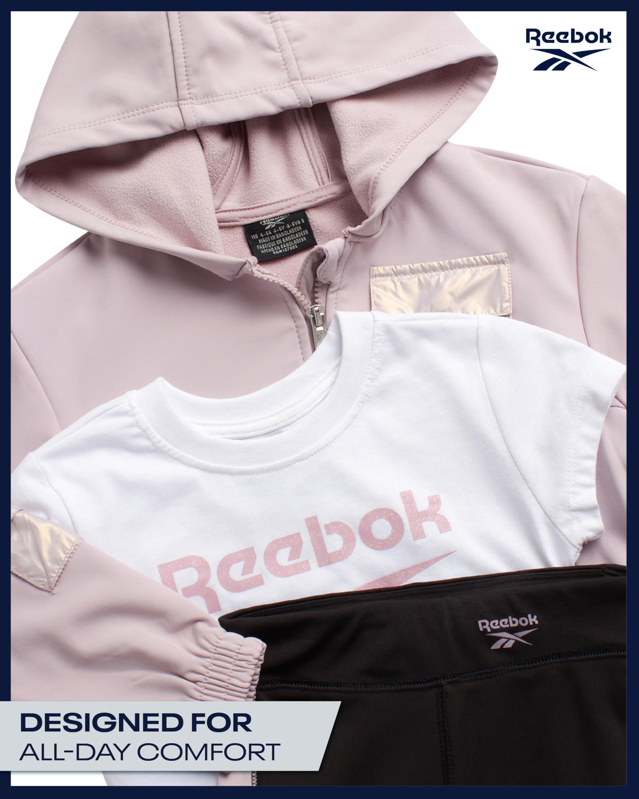 Reebok Set di abbigliamento sportivo per bambine e bambine, 3 pezzi, in pile, con felpa con cappuccio e pantaloni da jogging