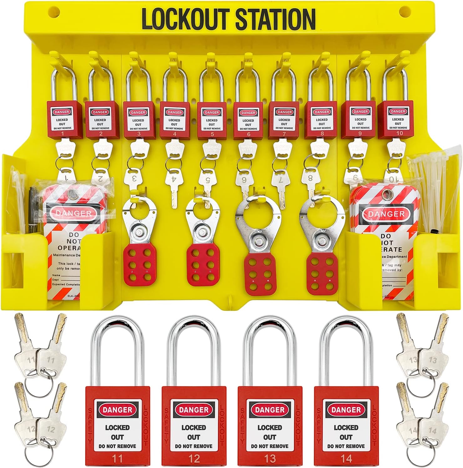 SAFBY Lockout Tagout Station, Includes 14 Key Different Padlocks with Numbers, 4 Lockout Hasps, 40 Lockout Tags, 20 Nylon Cable (Big Lock Station)