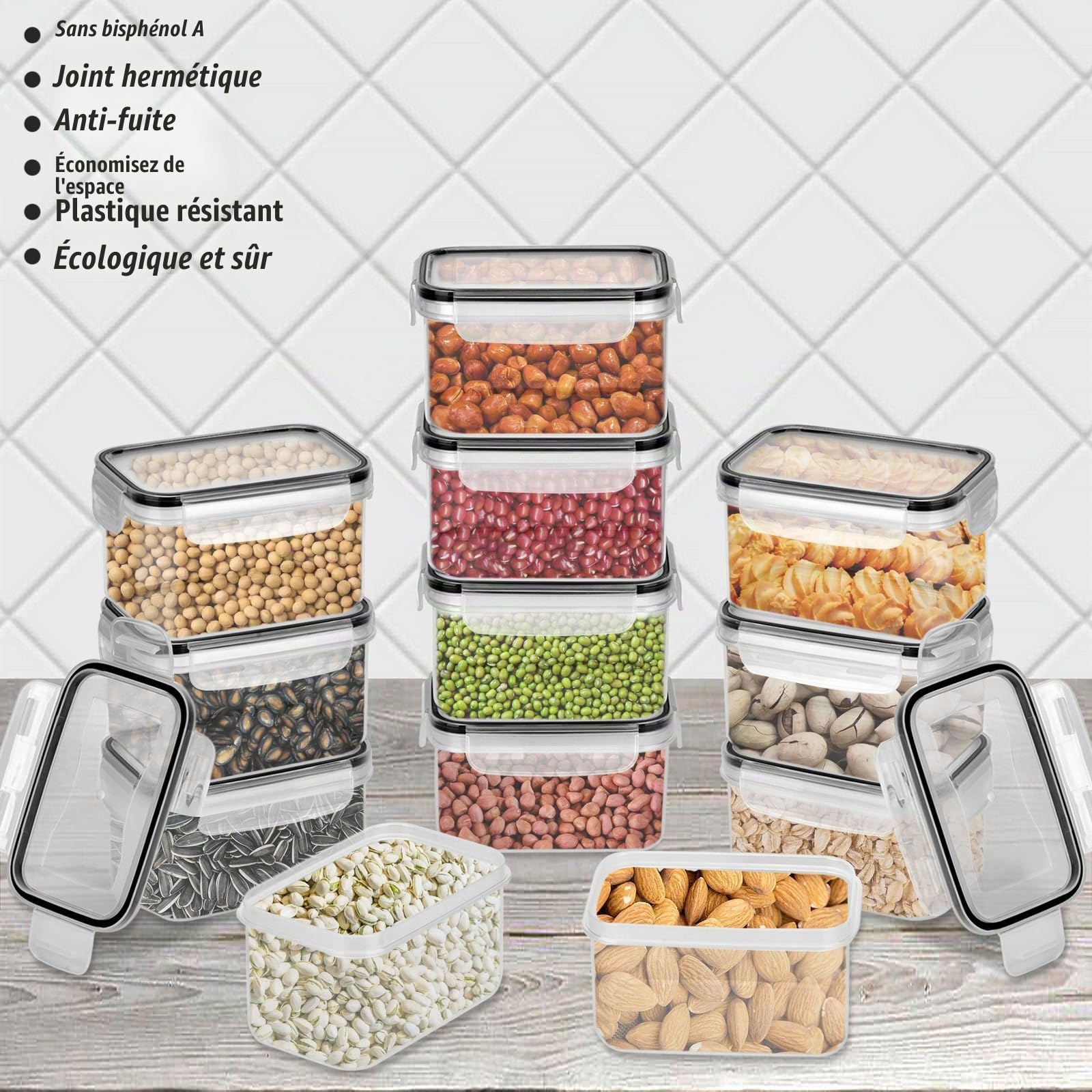 Lot de 12 Récipient Hermétique Alimentaire en PP sans BPA avec Couvercle Verrouillé Étanche, Boîte Rangement Cuisine Empilable Boîte de Conservation des Céréales avec 32 Étiquettes&Pen