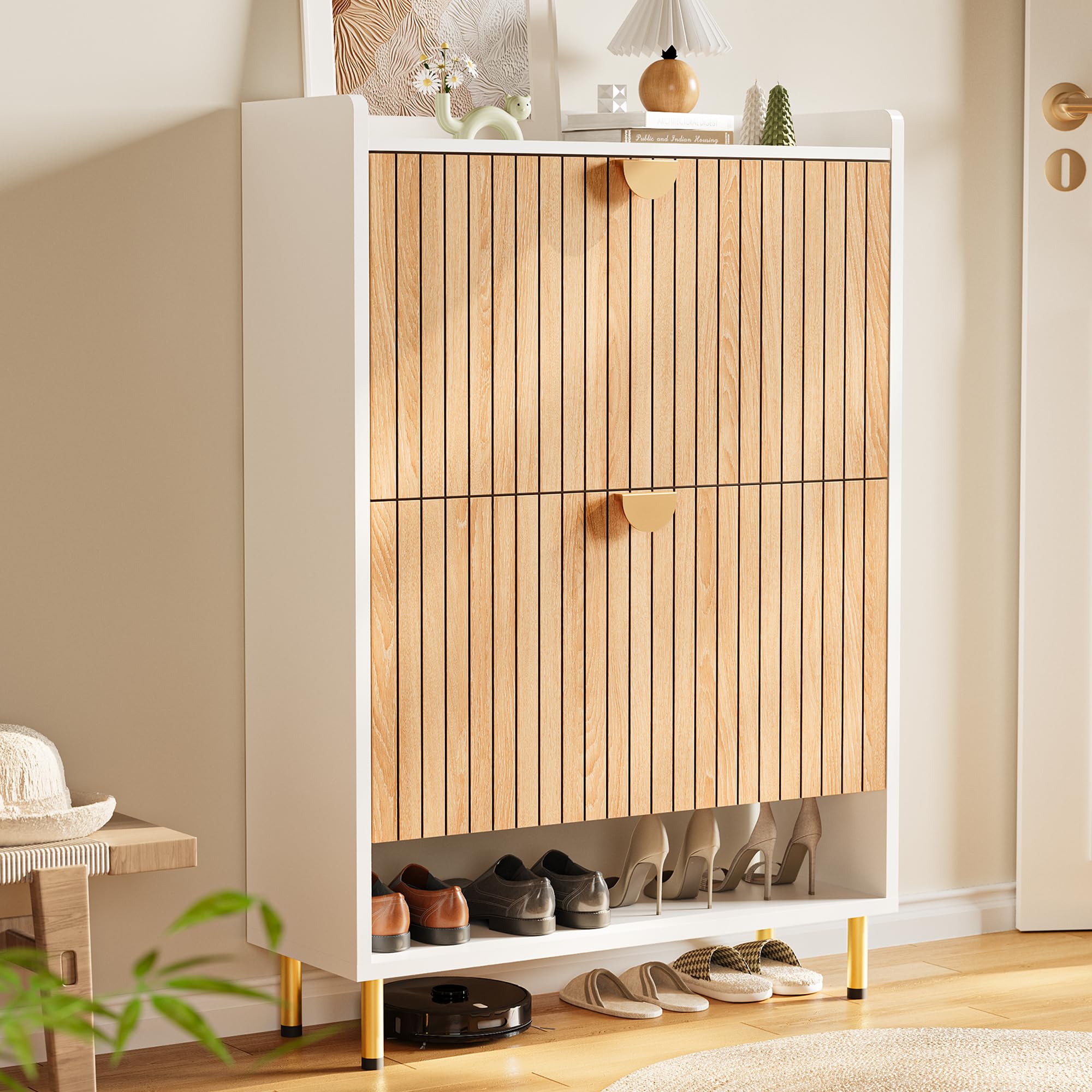 46'' Tall Shoe Storage Cabinet with 2 Flip Drawers, 7-Tier Hidden Shoe Organizer, Narrow Shoe Rack Cabinet, Freestanding Organizer for Entryway/Hallway/Closet, Wood